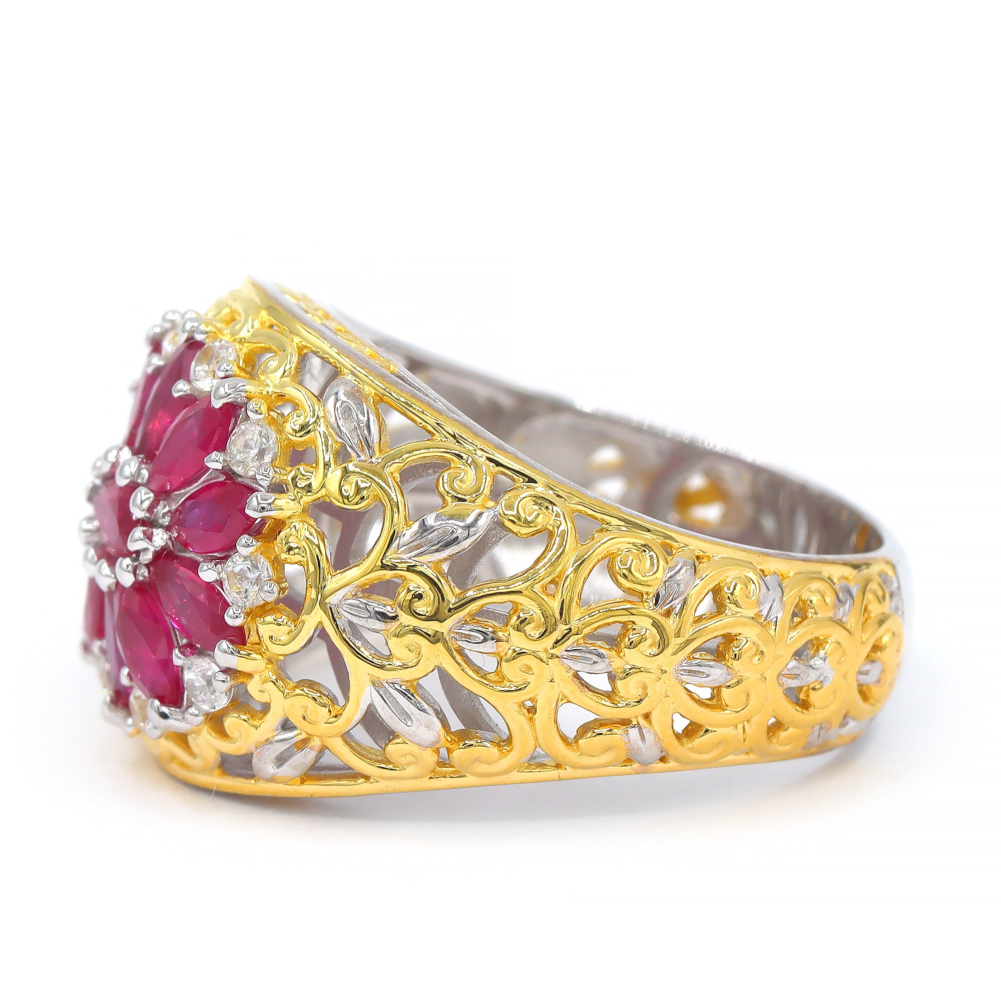 Gems en Vogue 24K Palladium Silver 2.49ctw Ruby & White Zircon Flower Ring
