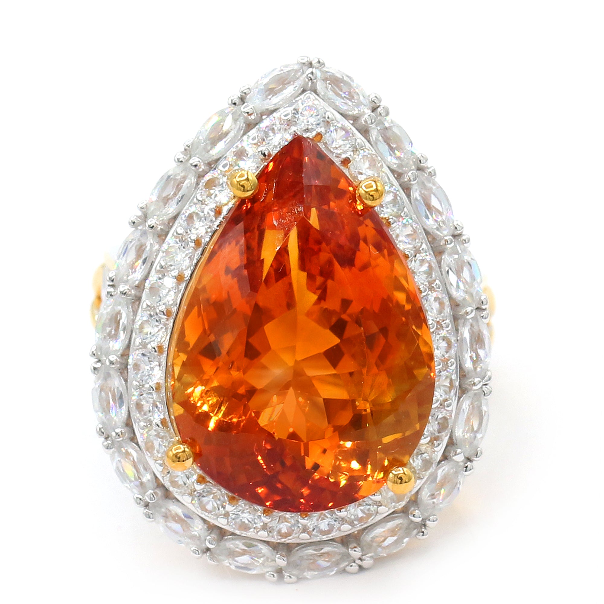 Couture Gems One-of-a-Kind 24K Palladium Silver 22.35ctw Fire Citrine & White Zircon Double Halo Honker Ring