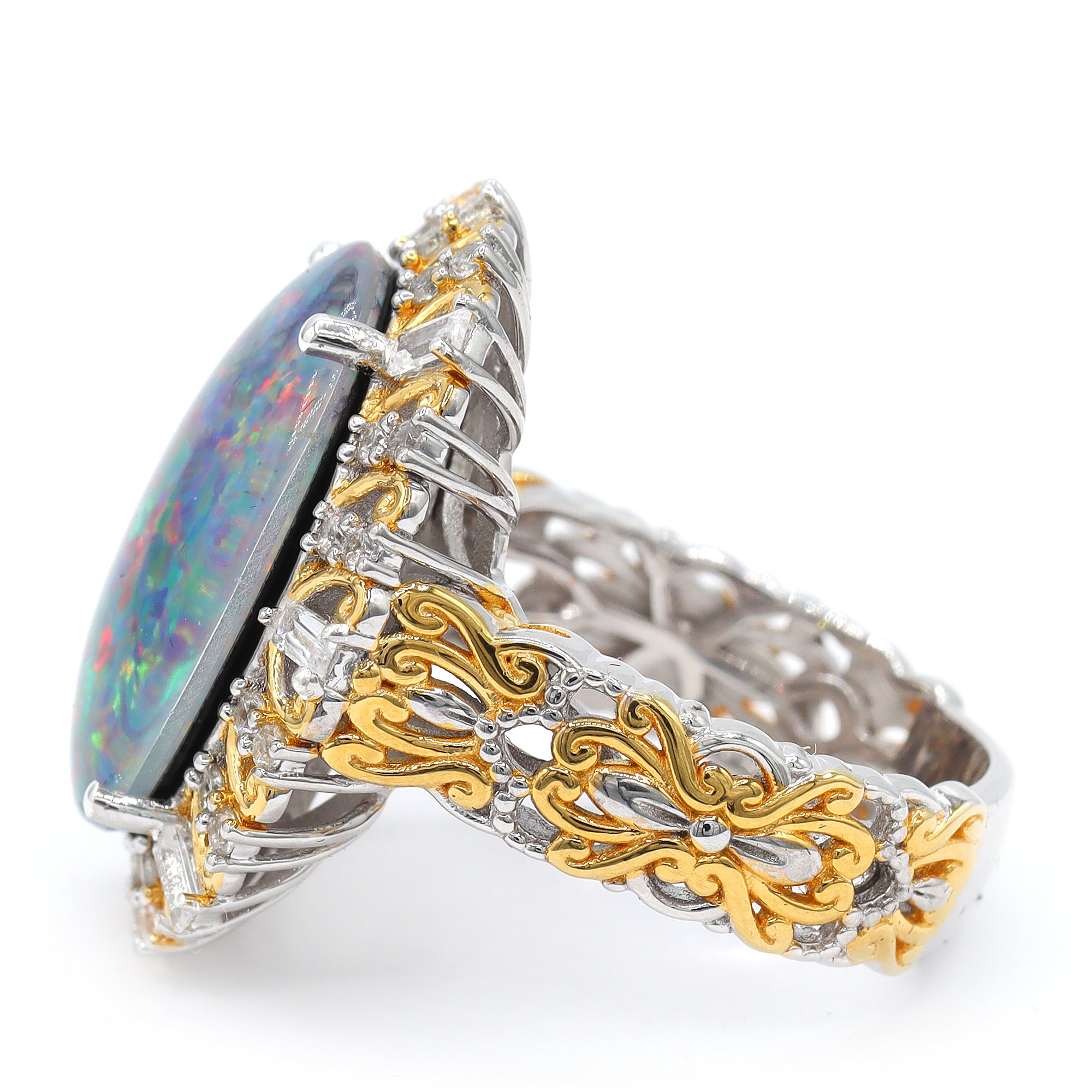 Couture Gems One-of-a-Kind 24K Palladium Silver 10.29ctw Australian Opal Triplet & White Zircon Ring