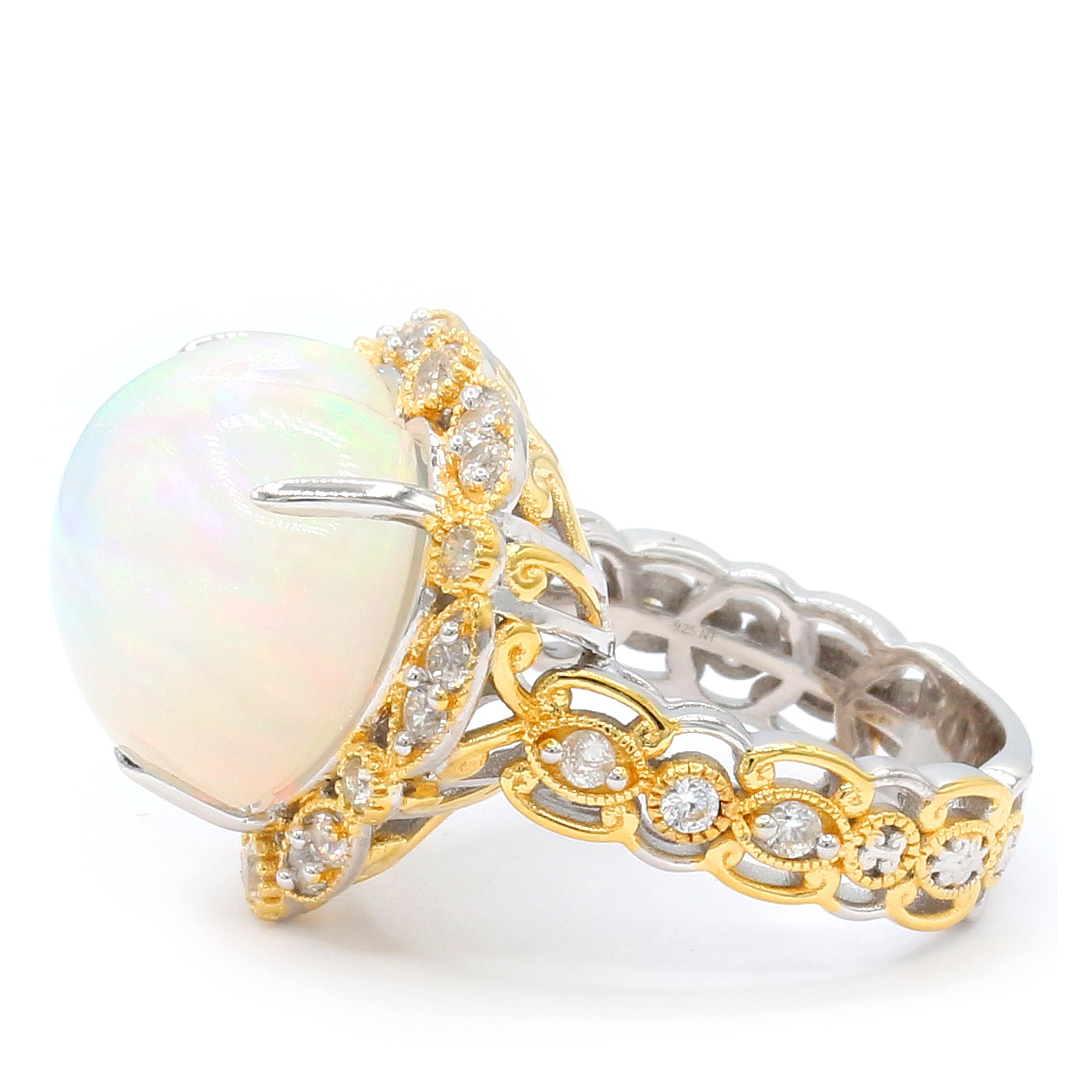 Couture Gems One-of-a-Kind 24K Palladium Silver 17.21ctw Heart White Ethiopian Opal & White Zircon Ring
