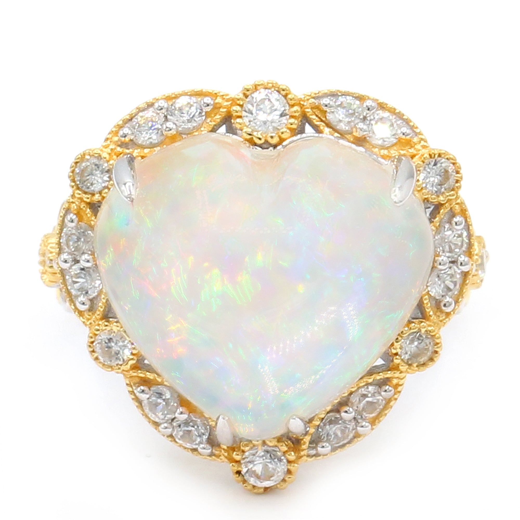 Couture Gems One-of-a-Kind 24K Palladium Silver 17.21ctw Heart White Ethiopian Opal & White Zircon Ring