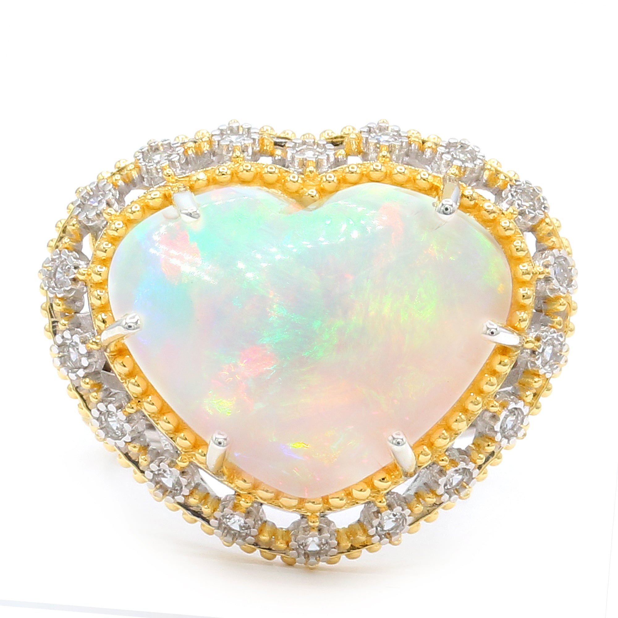Couture Gems One-of-a-Kind 24K Palladium Silver 13.96ctw Heart Shape White Ethiopian Opal & White Zircon Ring