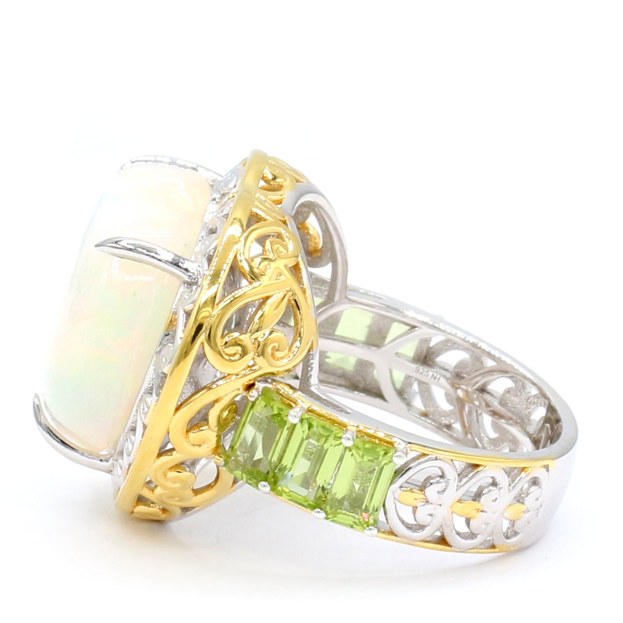 Couture Gems One-of-a-Kind 24K Palladium Silver 13.71ctw Heart Shape White Ethiopian Opal & Peridot Ring