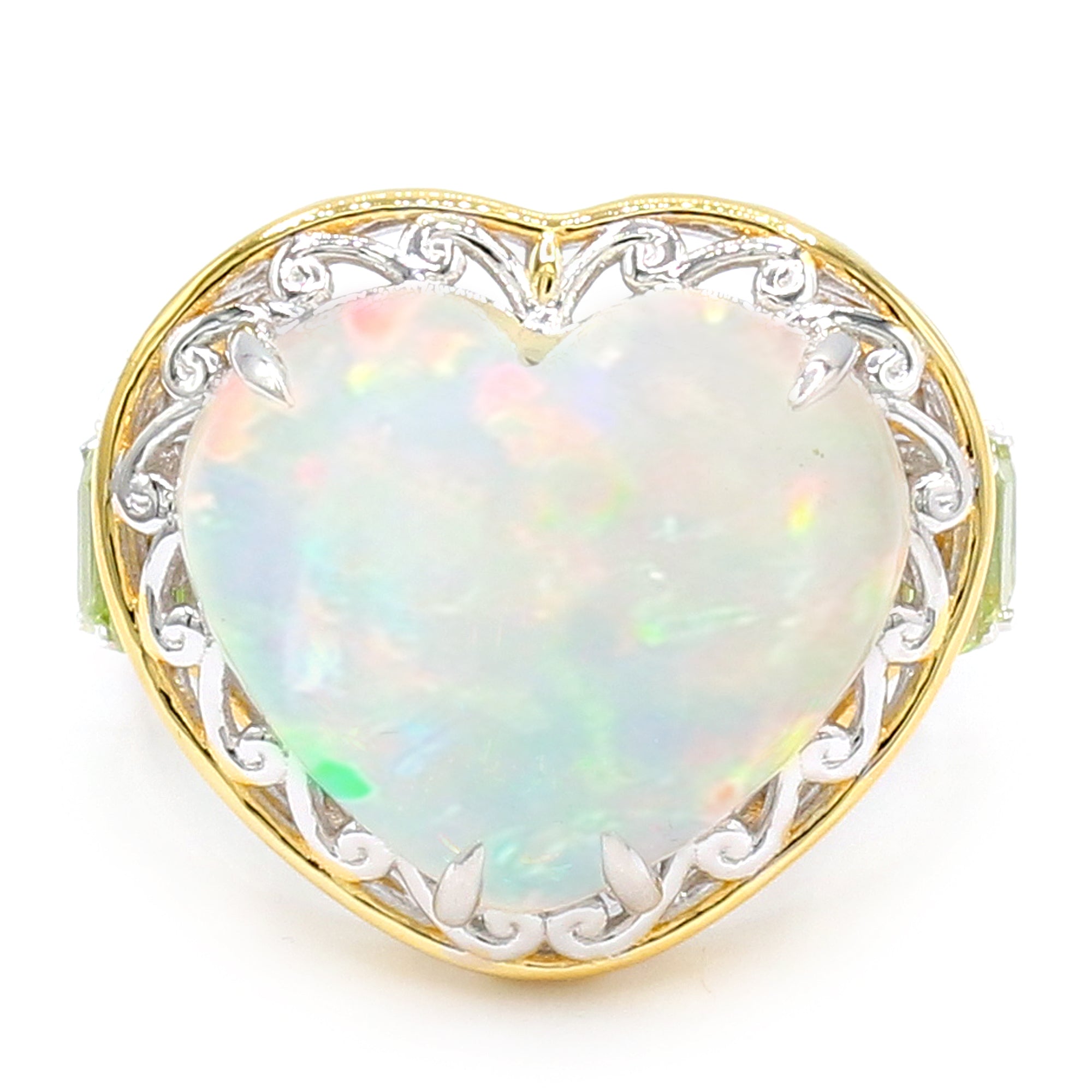 Couture Gems One-of-a-Kind 24K Palladium Silver 13.71ctw Heart Shape White Ethiopian Opal & Peridot Ring