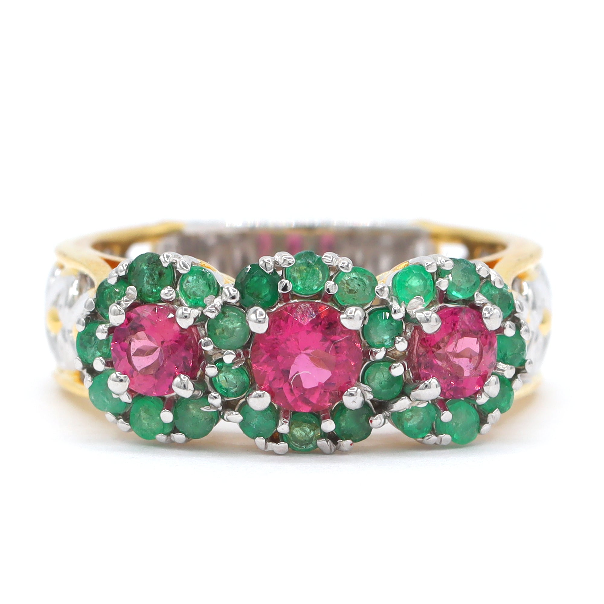 Gems en Vogue One-of-a-Kind 24K Palladium Silver 1.95ctw Rubellite & Grizzly Emerald Three Stone Halo Ring