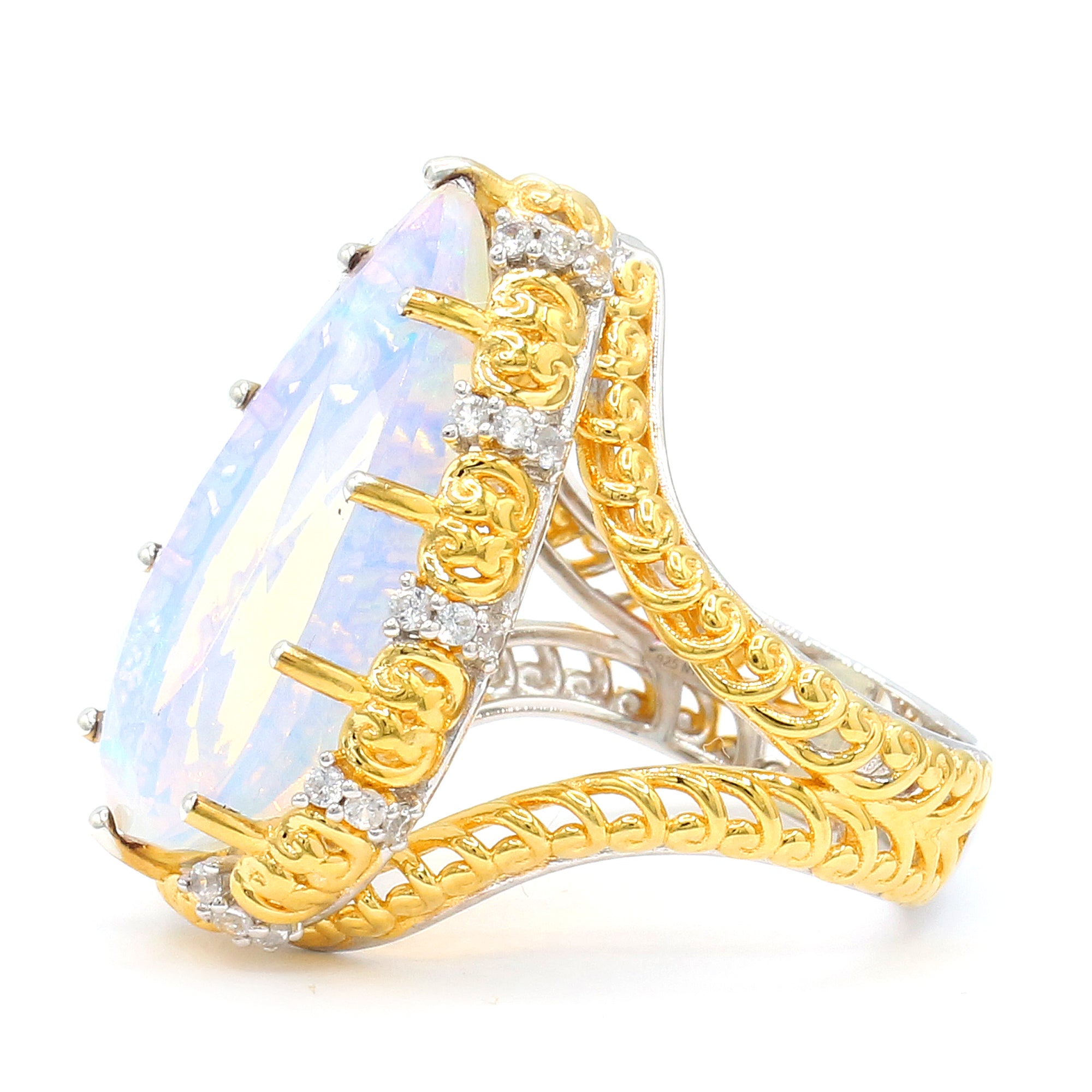 Couture Gems One-of-a-Kind 24K Palladium Silver 12.87ctw Faceted White Ethiopian Opal & White Zircon Ring