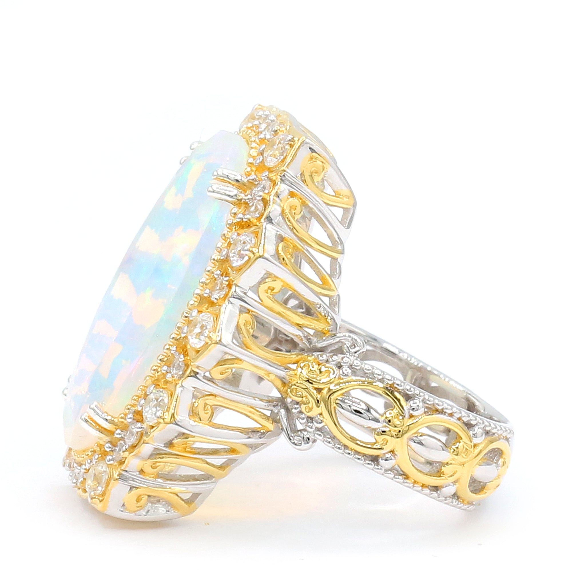 Couture Gems One-of-a-Kind 24K Palladium Silver 13.87ctw Faceted White Ethiopian Opal & White Zircon Ring