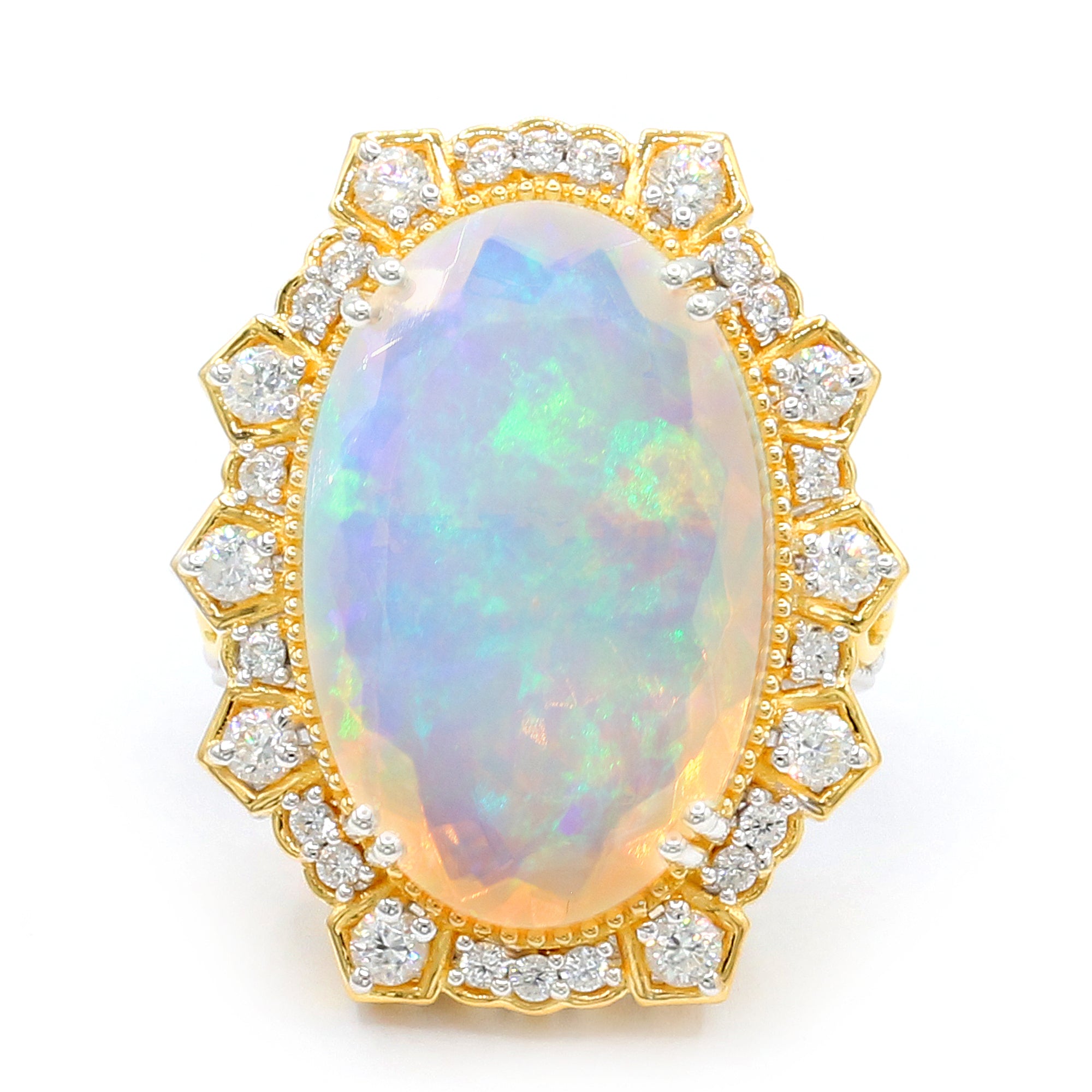 Couture Gems One-of-a-Kind 24K Palladium Silver 13.87ctw Faceted White Ethiopian Opal & White Zircon Ring