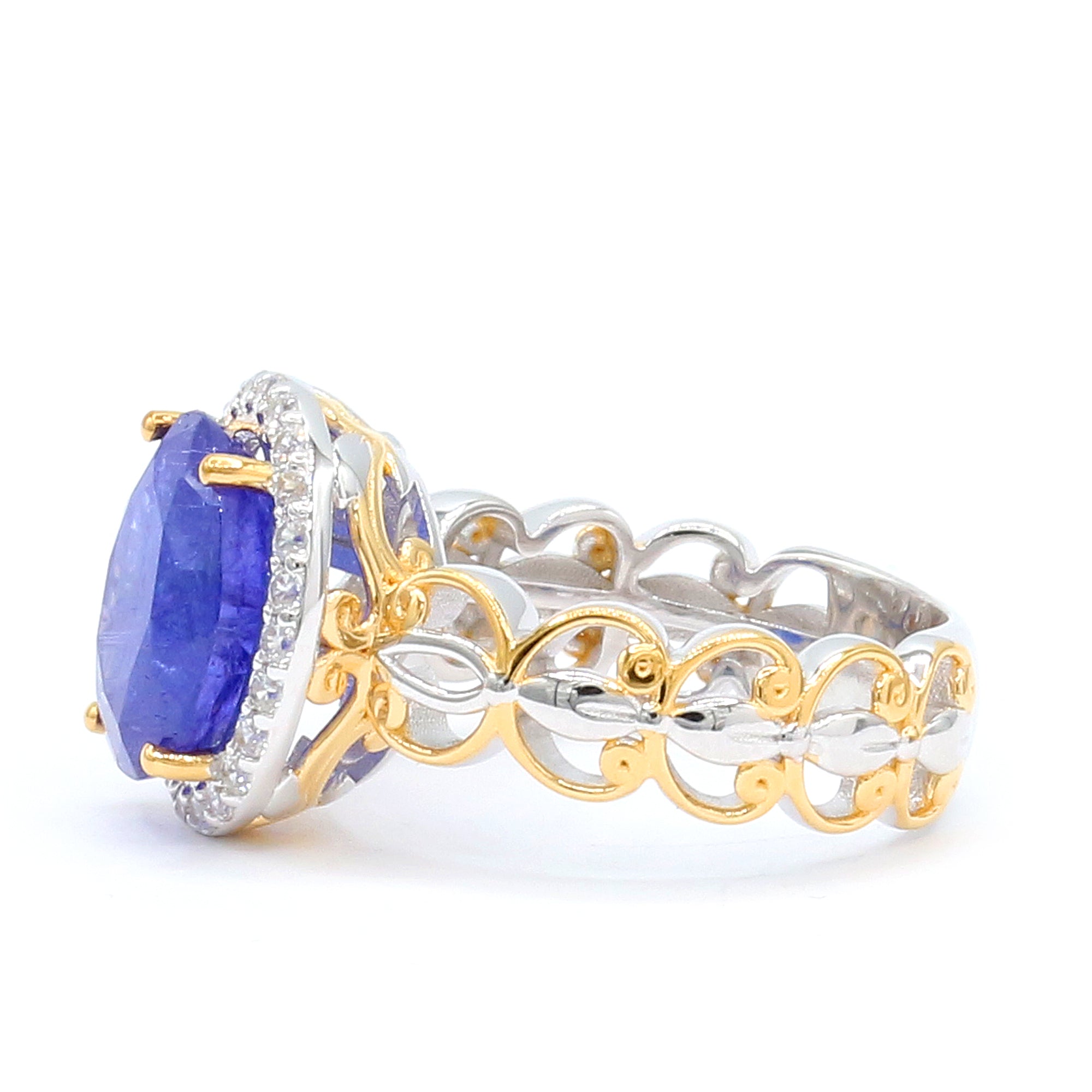 Bague auréole en tanzanite et zircon blanc 1,77 carat en argent palladié 24 carats Gems en Vogue