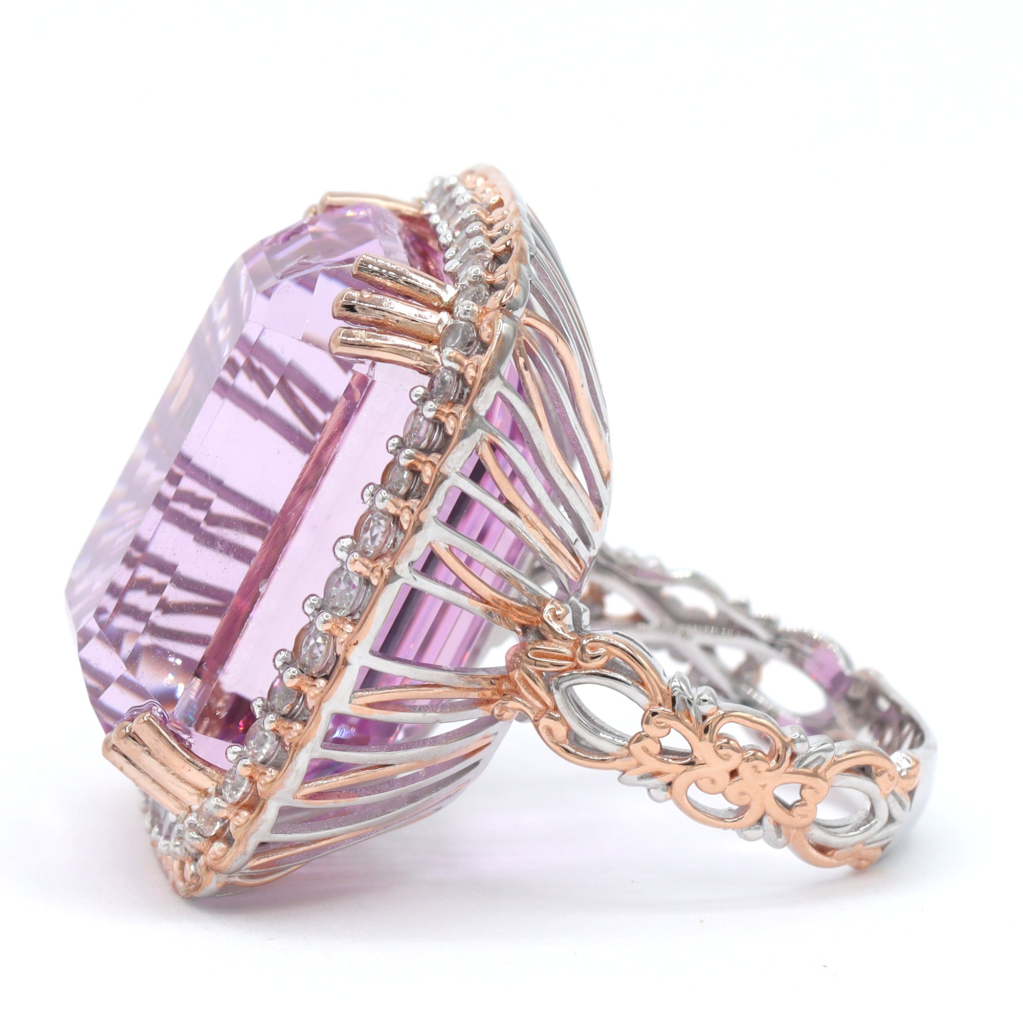 Couture Gems One-of-a-Kind 18K Palladium Silver 63.78ctw Martha Rocha 5A Kunzite & White Zircon Halo Ring