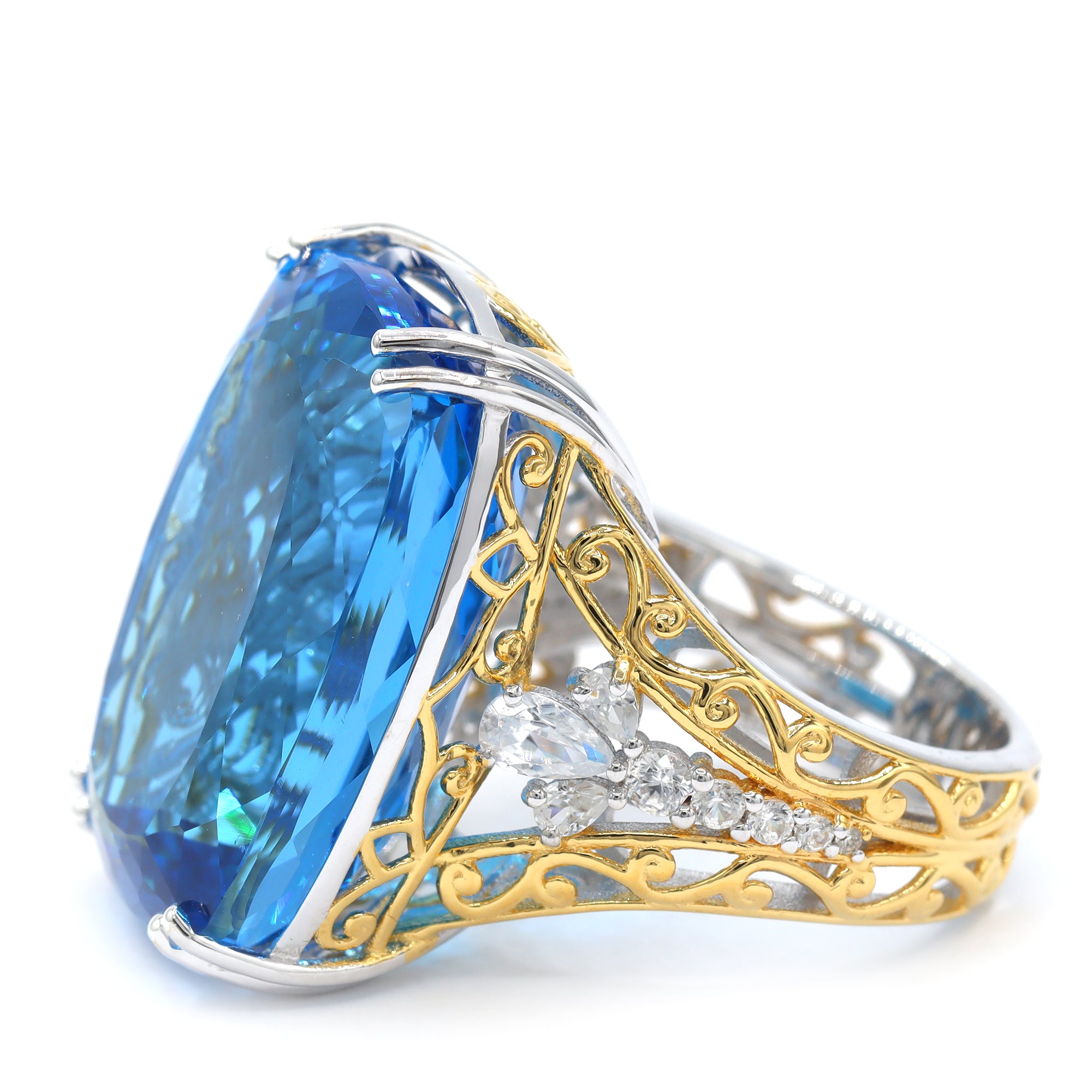 Bague Couture Gems Honker unique en argent palladium 24K avec topaze bleue du Cachemire de 68,37 carats et zircon blanc