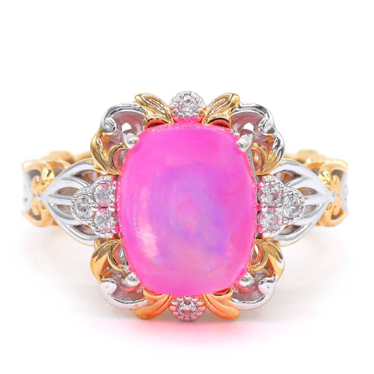 Bague Gems en Vogue en argent palladium 18 carats, opale rose éthiopienne coussin de 2,58 carats et zircons blancs