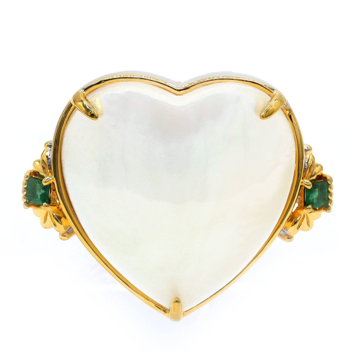 Gems en Vogue 24K Palladium Silver White Mabe Pearl & Grizzly Emerald Heart Ring