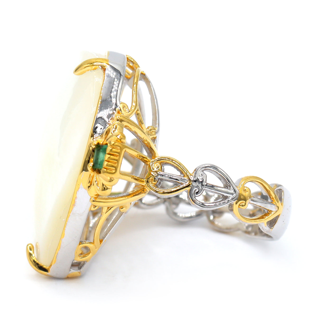 Gems en Vogue 24K Palladium Silver White Mabe Pearl & Grizzly Emerald Heart Ring