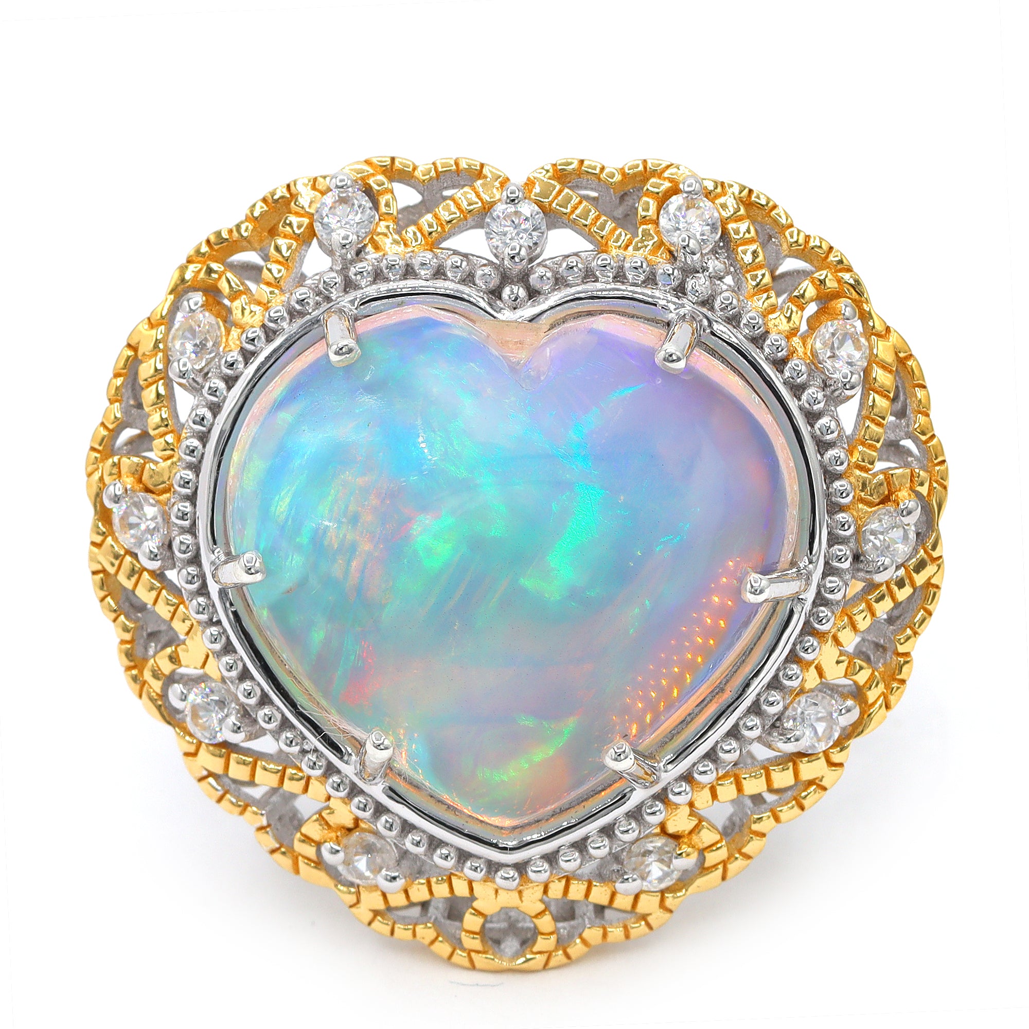 Couture Gems One-of-a-Kind 24K Palladium Silver 12.49ctw Heart Shape White Ethiopian Opal & White Zircon Ring