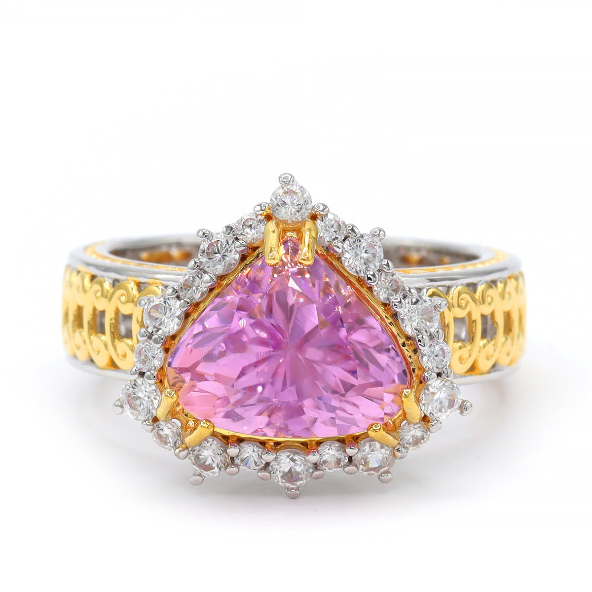 Gems en Vogue One-of-a-Kind 24K Palladium Silver 5.61ctw Almond Shape Pink Kunzite & White Zircon Halo Ring