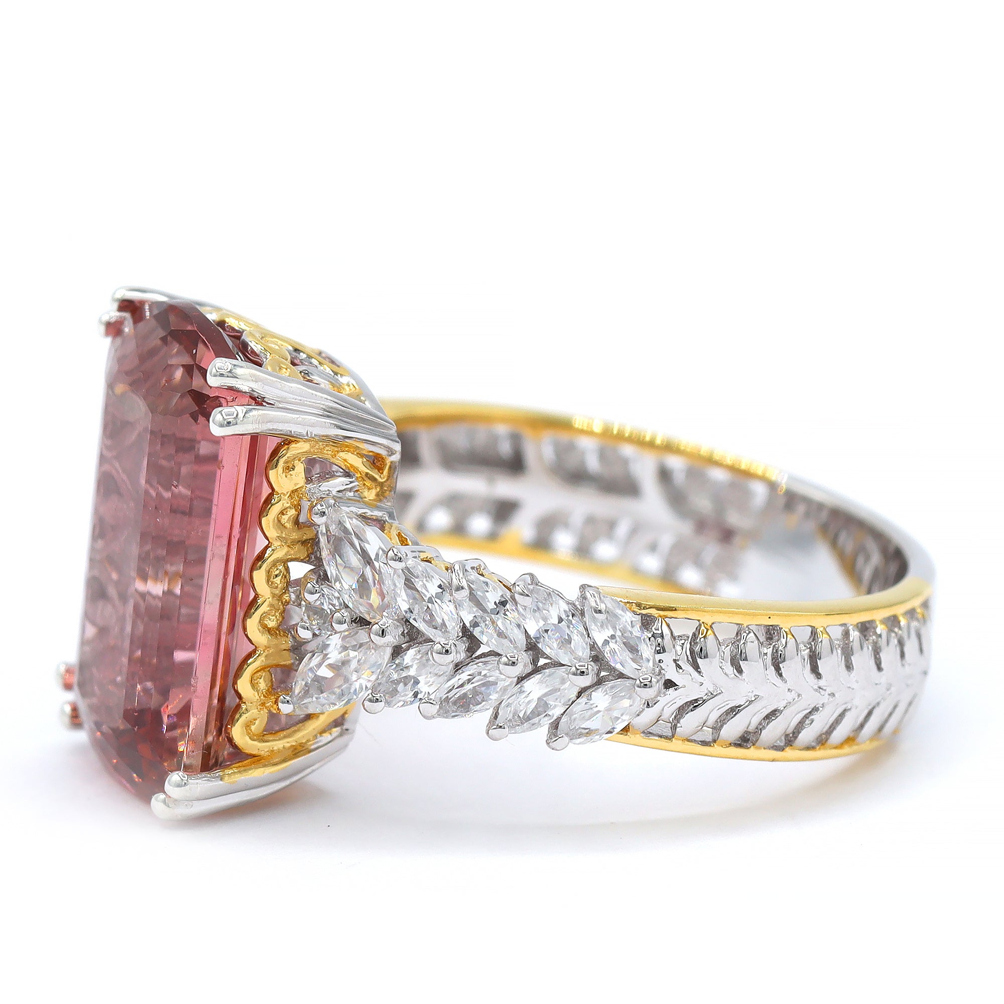Bague Couture Gems unique en argent palladié 18K avec tourmaline saumon 2,87ct et zircons blancs en halo