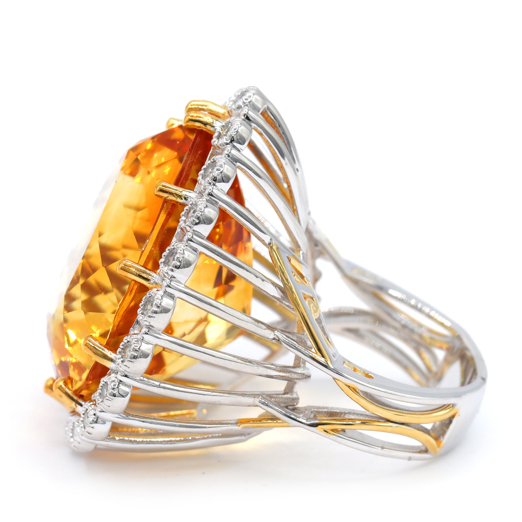 Couture Gems One-of-a-Kind 24K Palladium Silver 54.27ctw Fire Citrine & White Zircon Halo Honker Ring