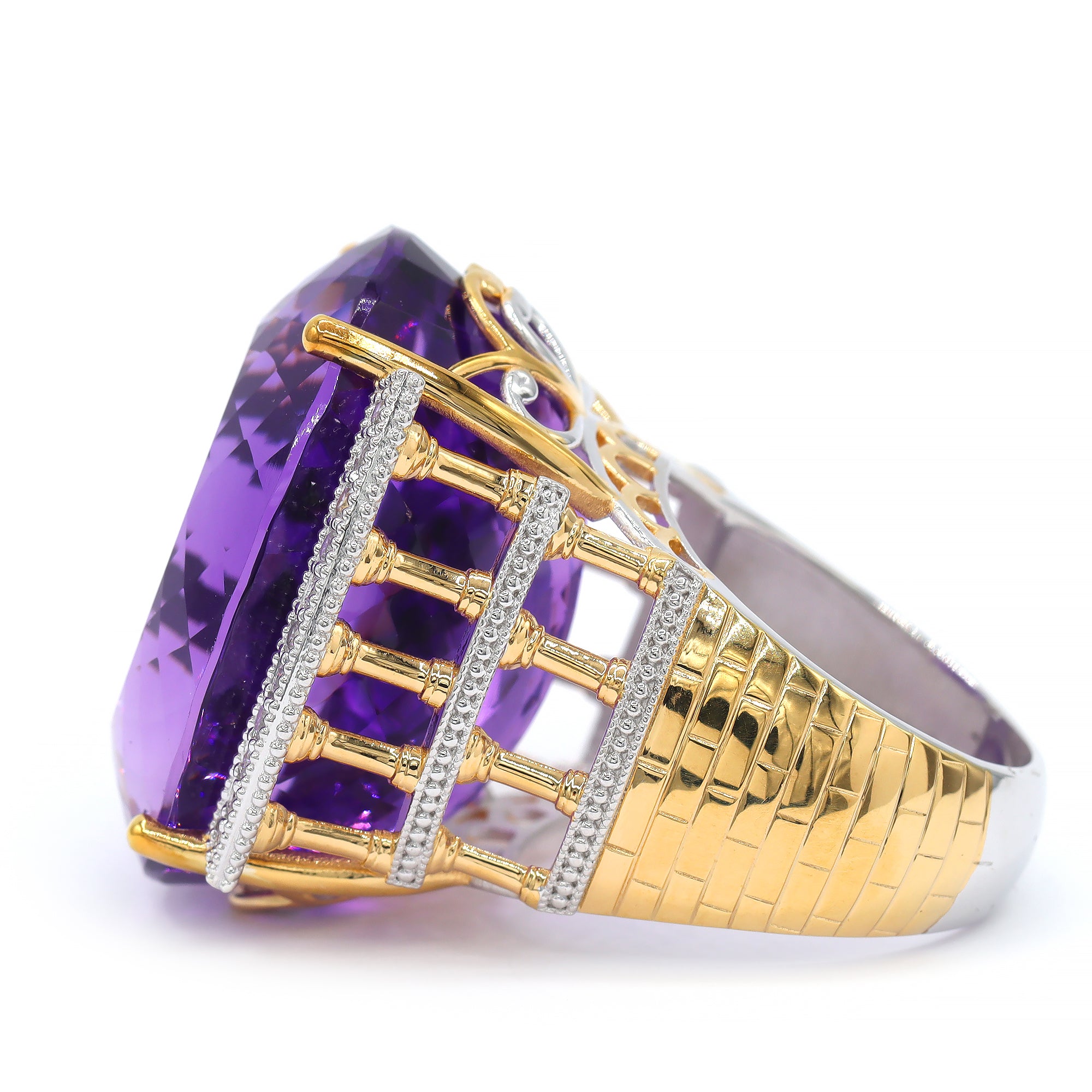 Bague Honker Couture Gems en argent palladium 24 carats, améthyste de Tanzanie de 65,03 carats et zircons blancs, pièce unique