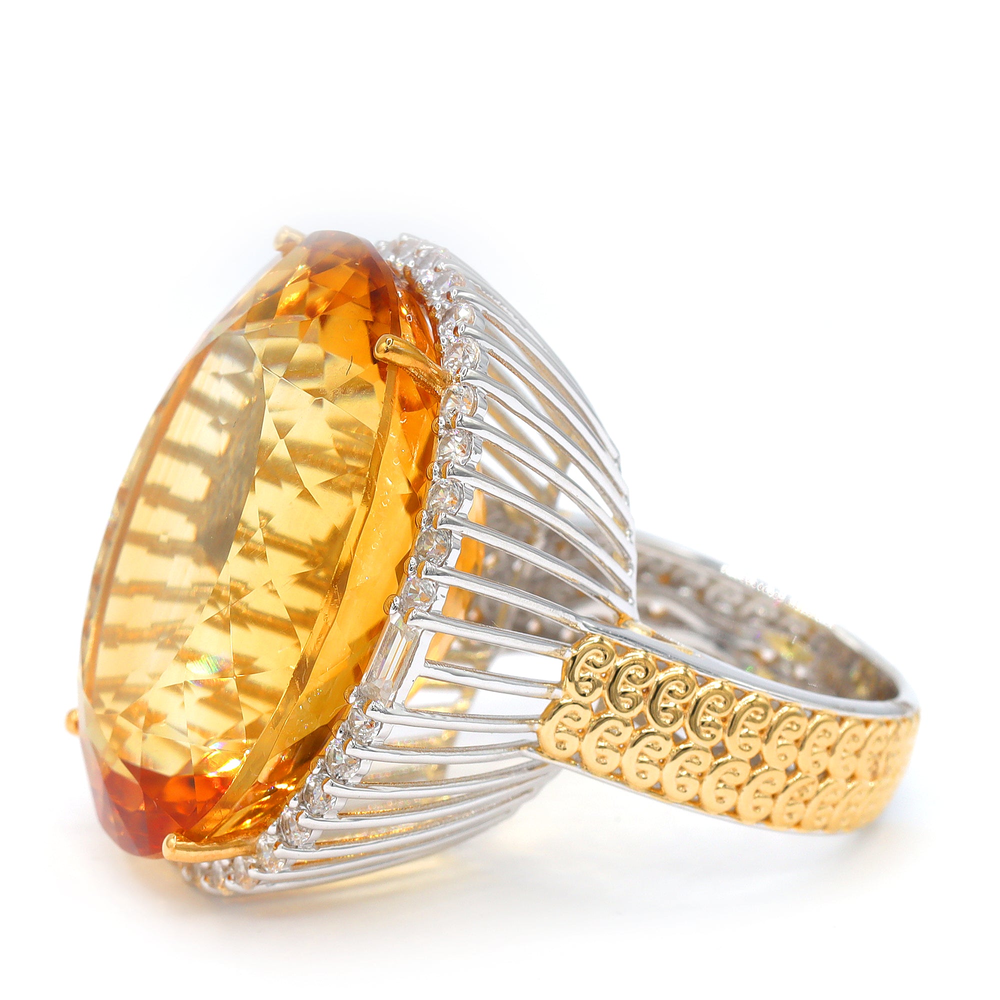 Couture Gems One-of-a-Kind 24K Palladium Silver 62.90ctw Fire Citrine & White Zircon Halo Honker Ring