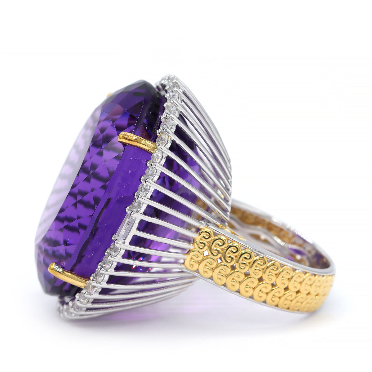 Couture Gems One-of-a-Kind 24K Palladium Silver 76.84ctw Tanzanian Amethyst & White Zircon Halo Honker Ring