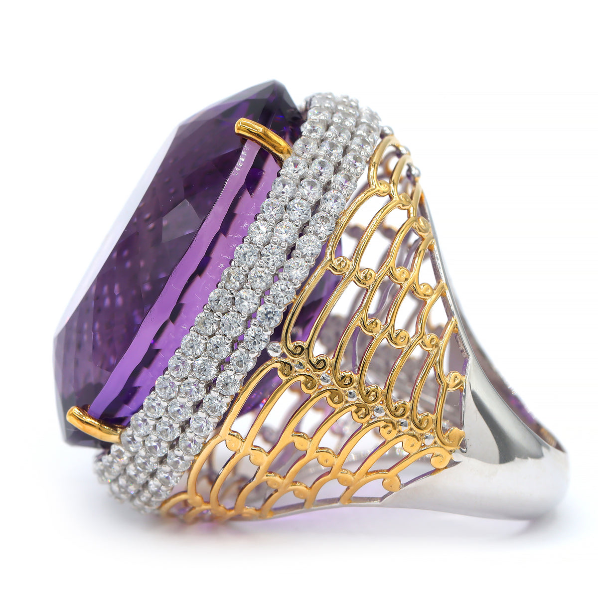 Bague Honker Couture Gems en argent palladium 24 carats, améthyste de Tanzanie de 65,03 carats et zircons blancs, pièce unique