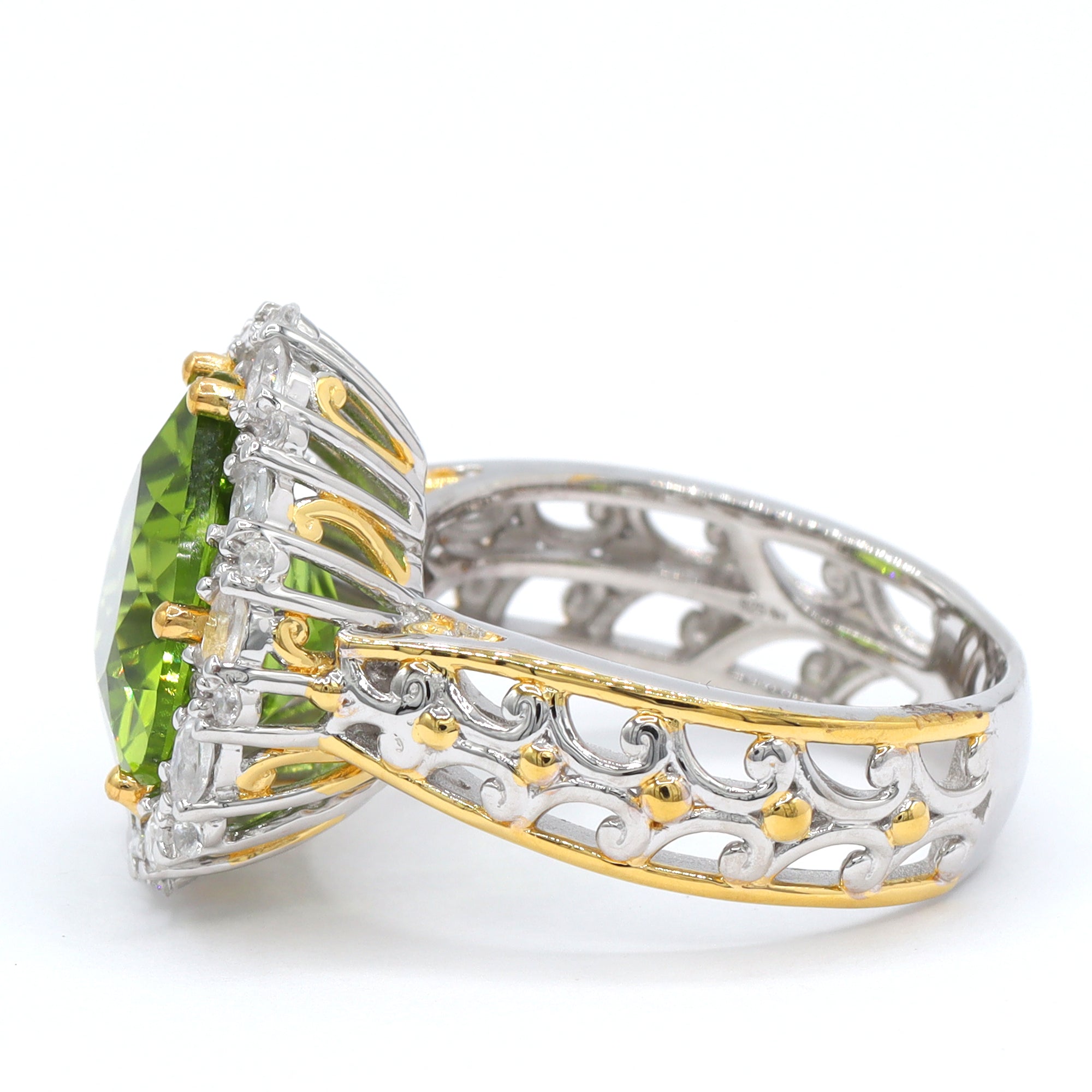 Couture Gems One-of-a-Kind 24K Palladium Silver 8.36ctw Almond Shape Peridot & White Zircon Halo Ring