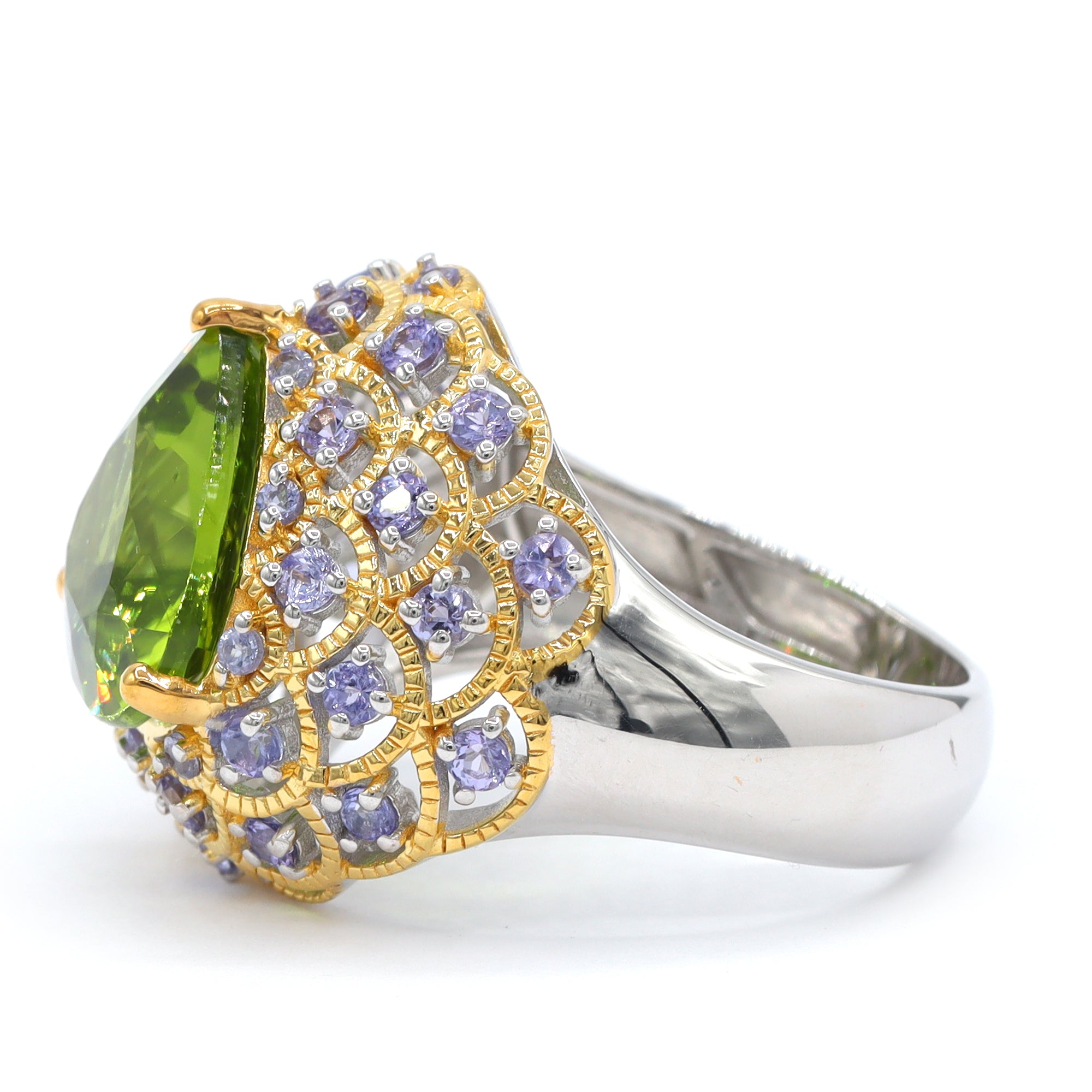 Couture Gems One-of-a-Kind 24K Palladium Silver 8.59ctw Almond Shape Peridot & Tanzanite Ring