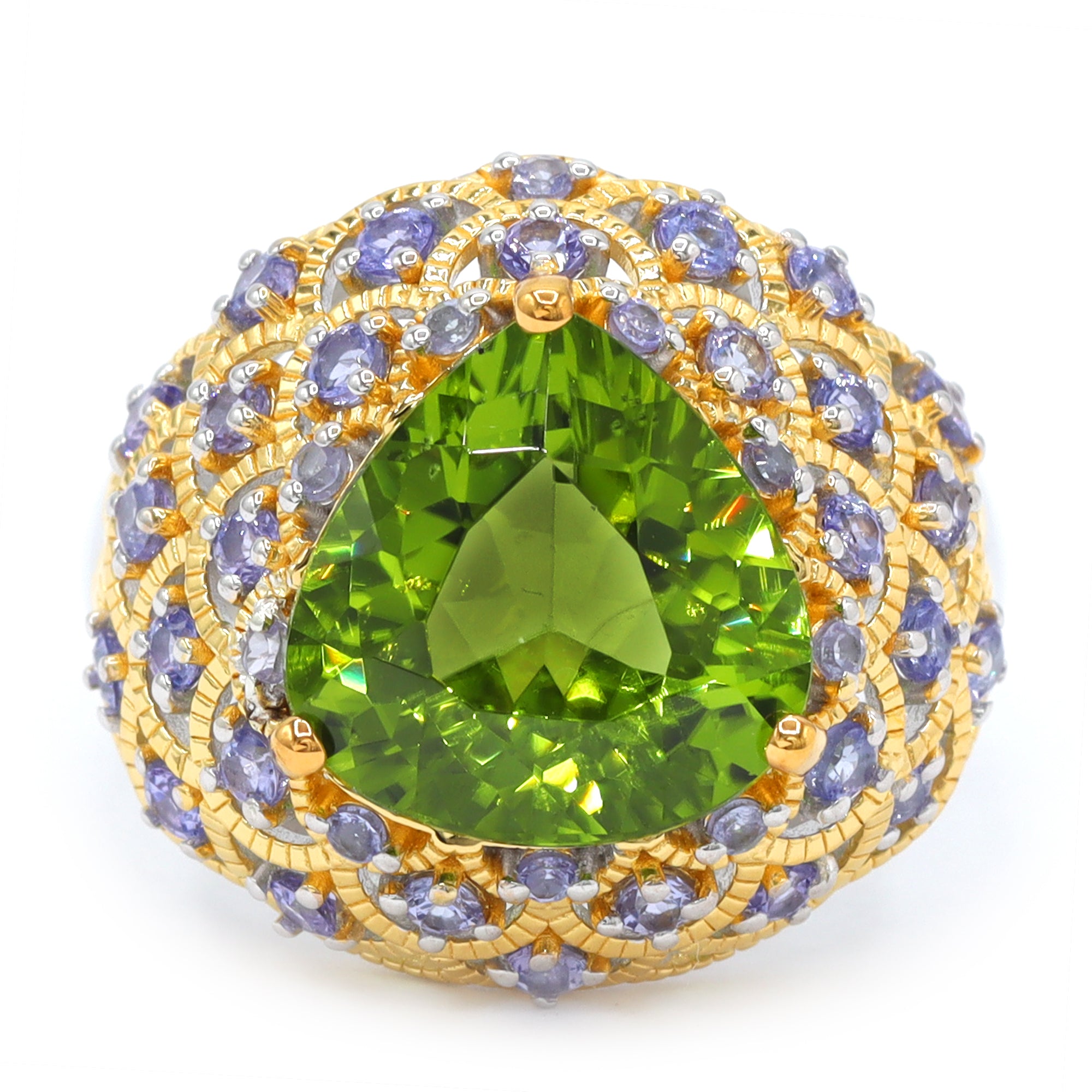 Couture Gems One-of-a-Kind 24K Palladium Silver 8.59ctw Almond Shape Peridot & Tanzanite Ring