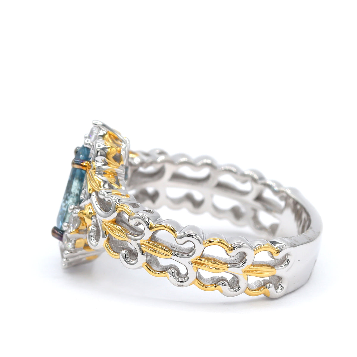 Bague à halo en aigue-marine de Tanzanie et zircon blanc 4,06 carats en argent et palladium 24K, pièce unique Couture Gems