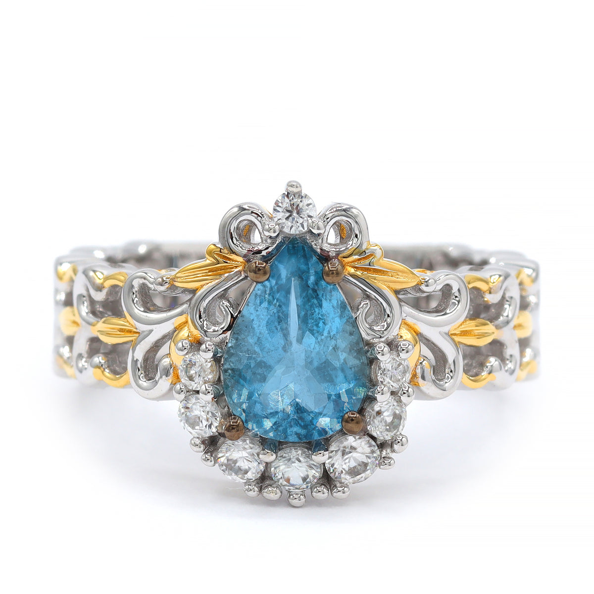 Bague à halo en aigue-marine de Tanzanie et zircon blanc 4,06 carats en argent et palladium 24K, pièce unique Couture Gems