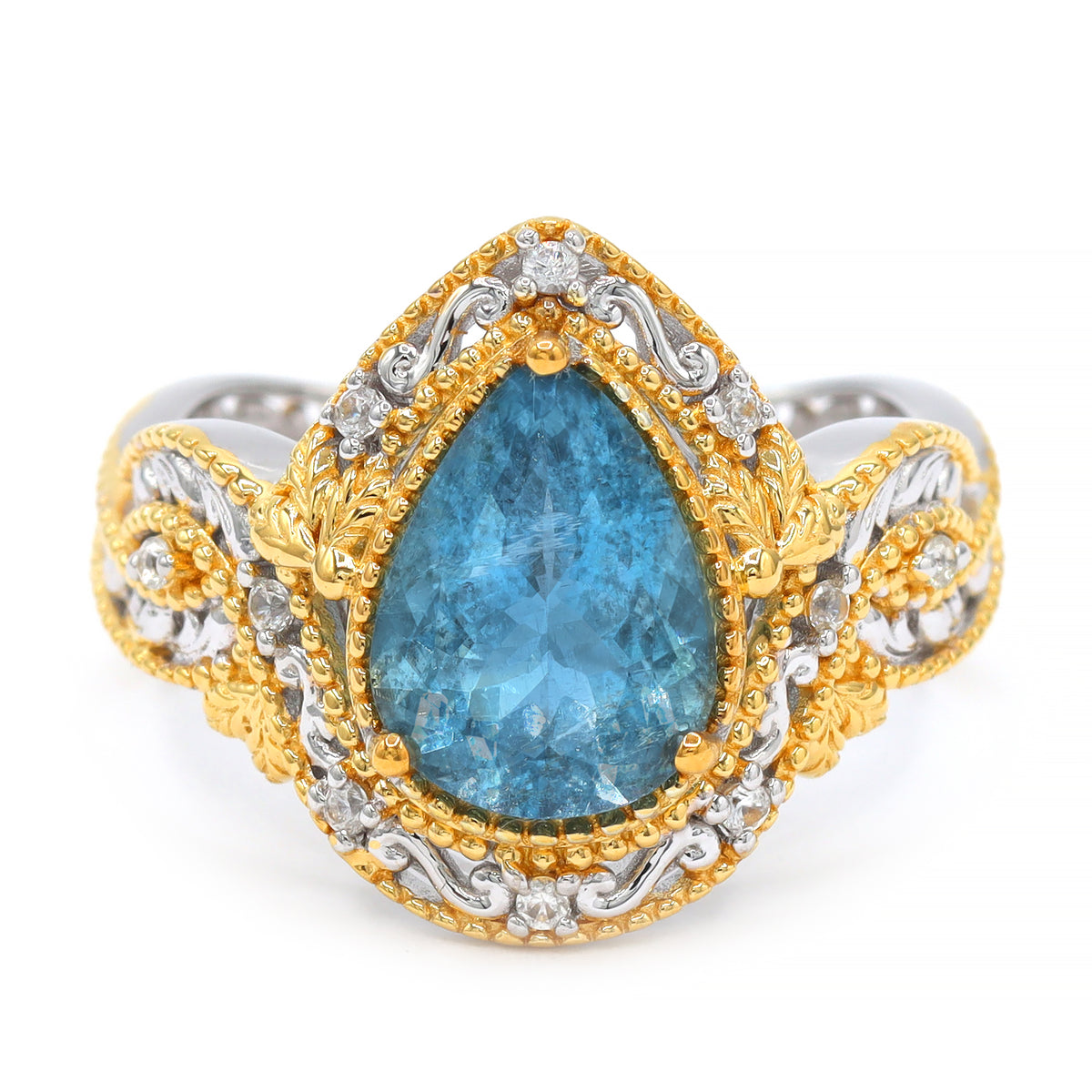 Bague à halo en aigue-marine de Tanzanie et zircon blanc 4,06 carats en argent et palladium 24K, pièce unique Couture Gems