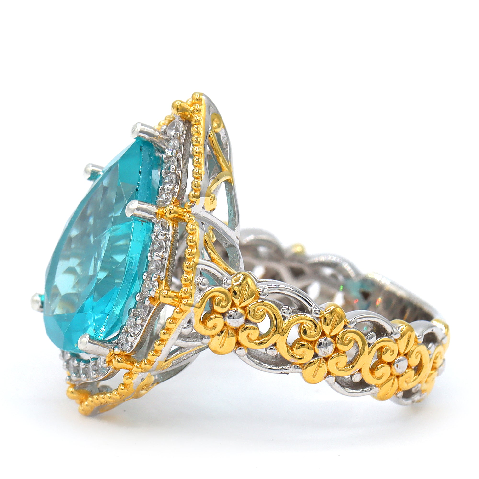 Gems en Vogue One-of-a-Kind 24K Palladium Silver 7.92ctw Paraiba Apatite & White Zircon Halo Ring **Internal Cracked