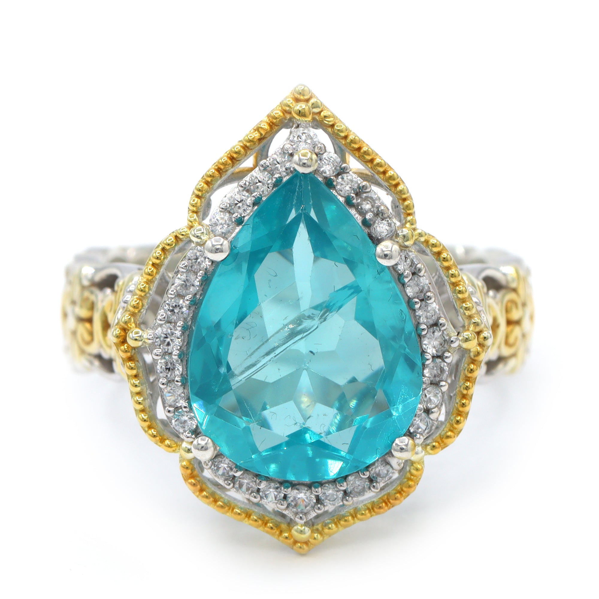 Gems en Vogue One-of-a-Kind 24K Palladium Silver 7.92ctw Paraiba Apatite & White Zircon Halo Ring **Internal Cracked