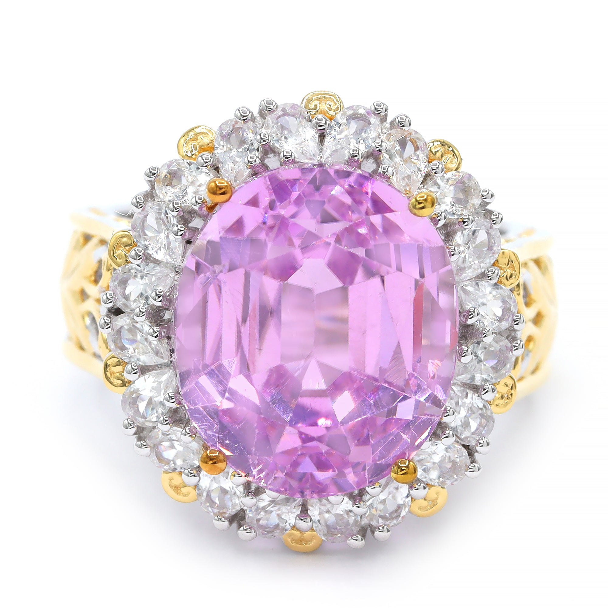 Gems en Vogue One-of-a-Kind 24K Palladium Silver 14.05ctw Pink Kunzite & White Zircon Halo Ring