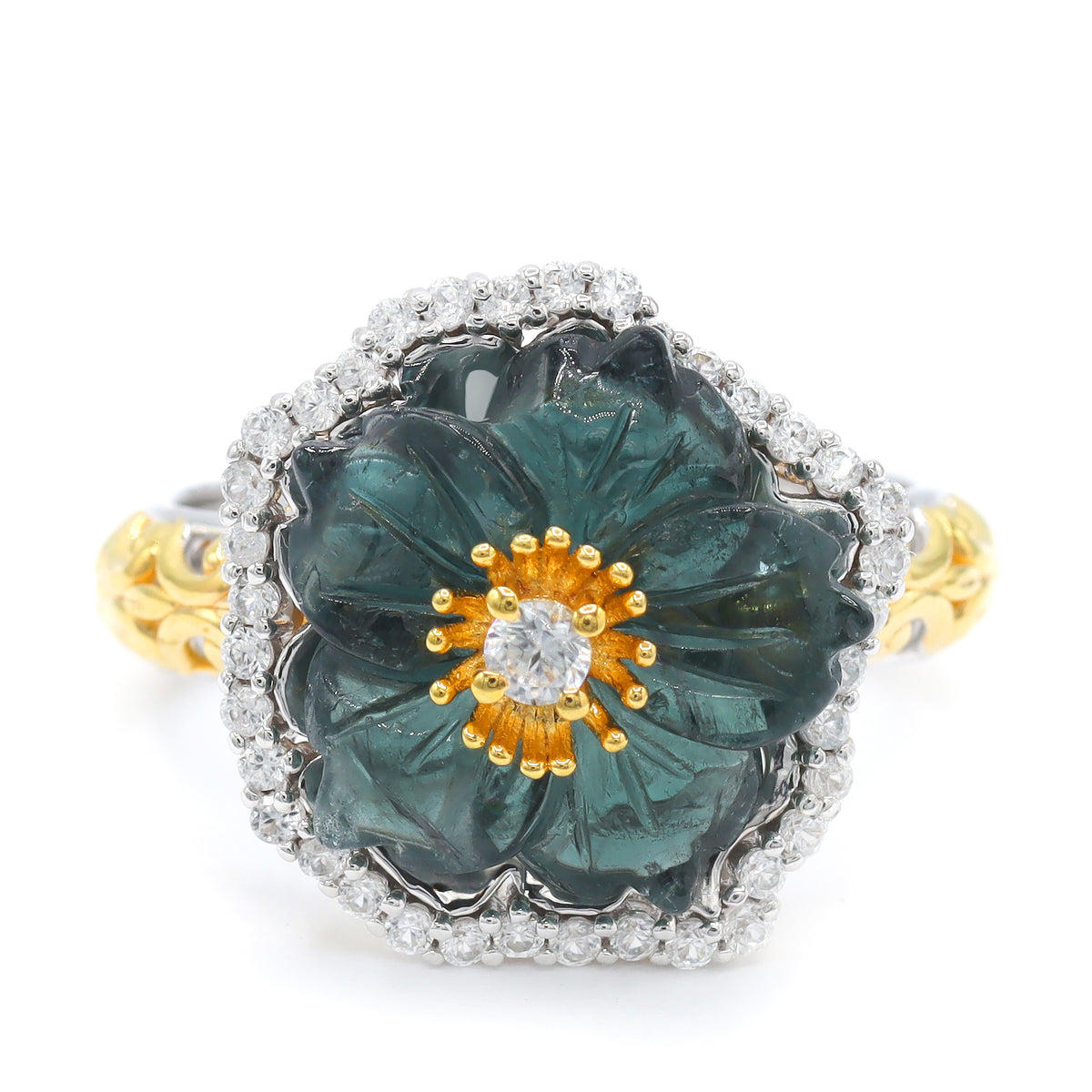 Couture Gems One-of-a-Kind 24K Palladium Silver 6.34ctw Carved Indicolite Tourmaline Flower & White Zircon Ring