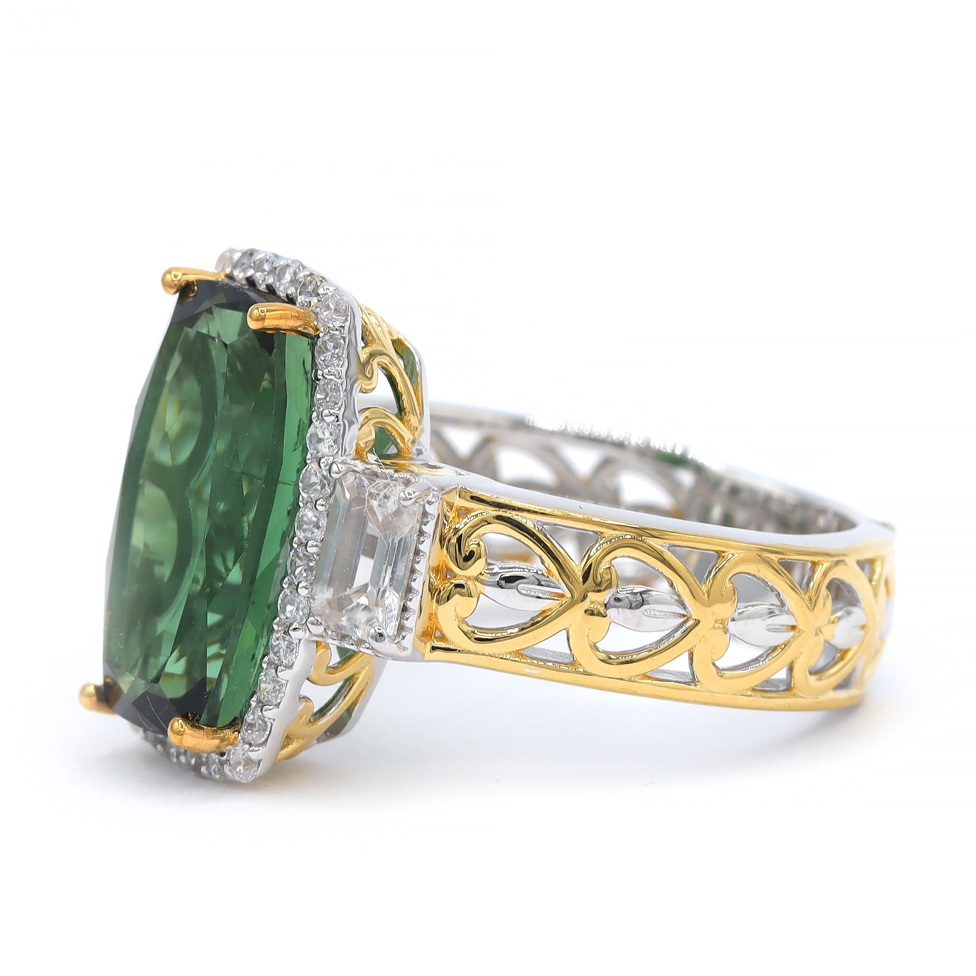 Couture Gems One-of-a-Kind 24K Palladium Silver 6.57ctw Nigerian Green Tourmaline & White Zircon Halo Ring