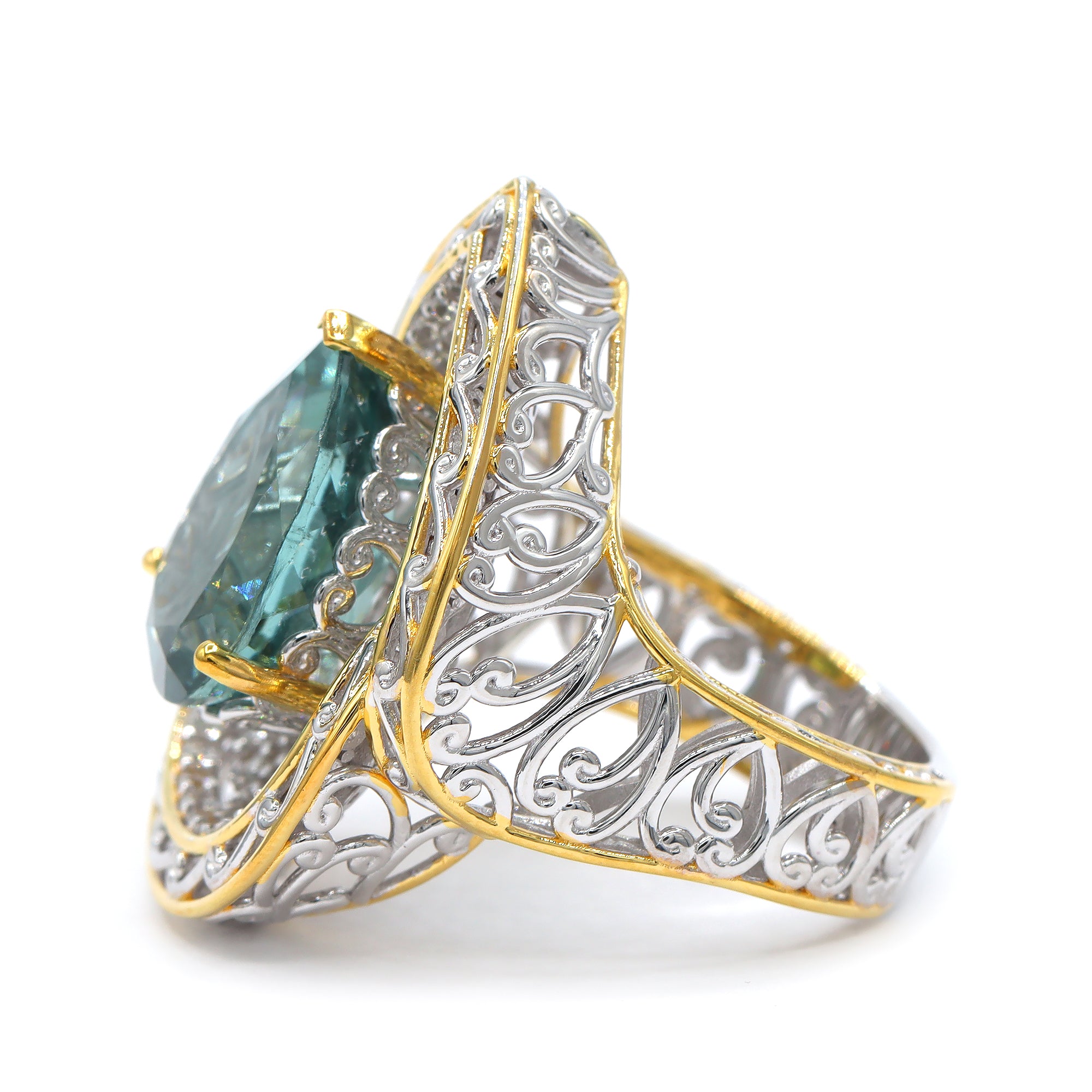 Couture Gems One-of-a-Kind 24K Palladium Silver 9.77ctw Teal Tourmaline & White Zircon Ring