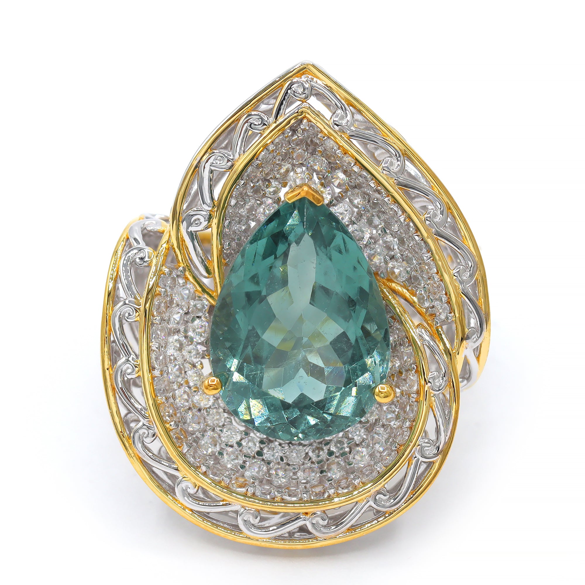 Couture Gems One-of-a-Kind 24K Palladium Silver 9.77ctw Teal Tourmaline & White Zircon Ring