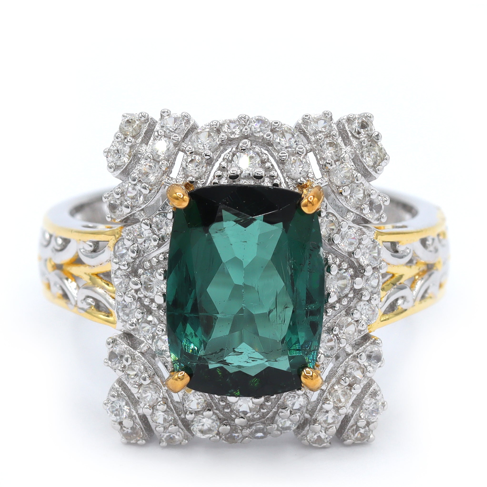 Bague Couture Gems unique en son genre en argent palladié 24 carats, tourmaline indicolite et zircon blanc de 3,83 carats