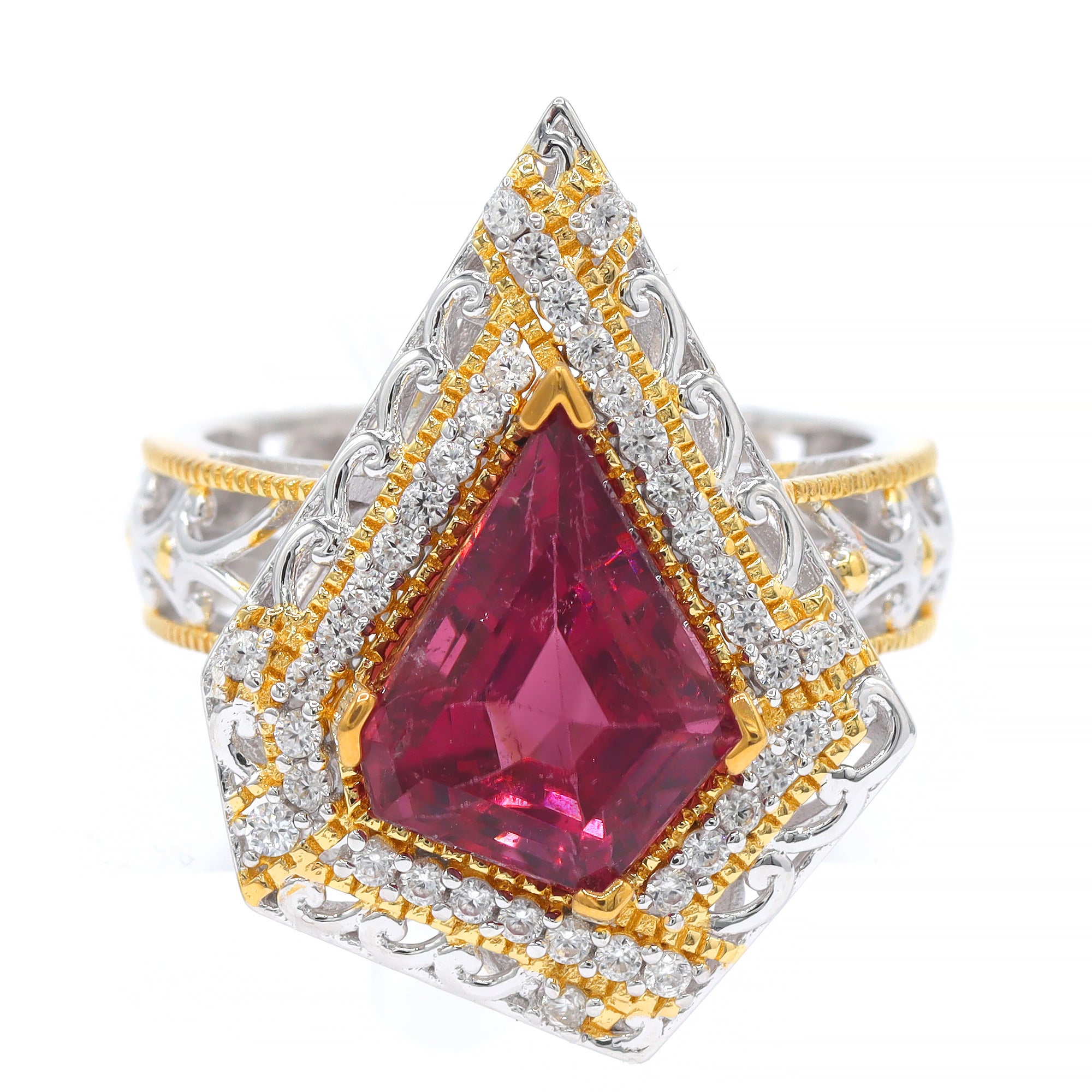 Couture Gems One-of-a-Kind 24K Palladium Silver 5.30ctw Shield Cut Pink Tourmaline & White Zircon Ring