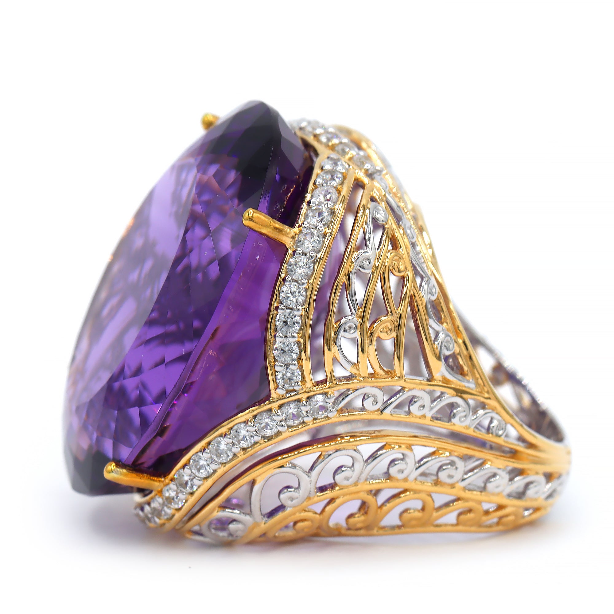 Bague Honker Couture Gems en argent palladium 24 carats, améthyste de Tanzanie de 65,03 carats et zircons blancs, pièce unique
