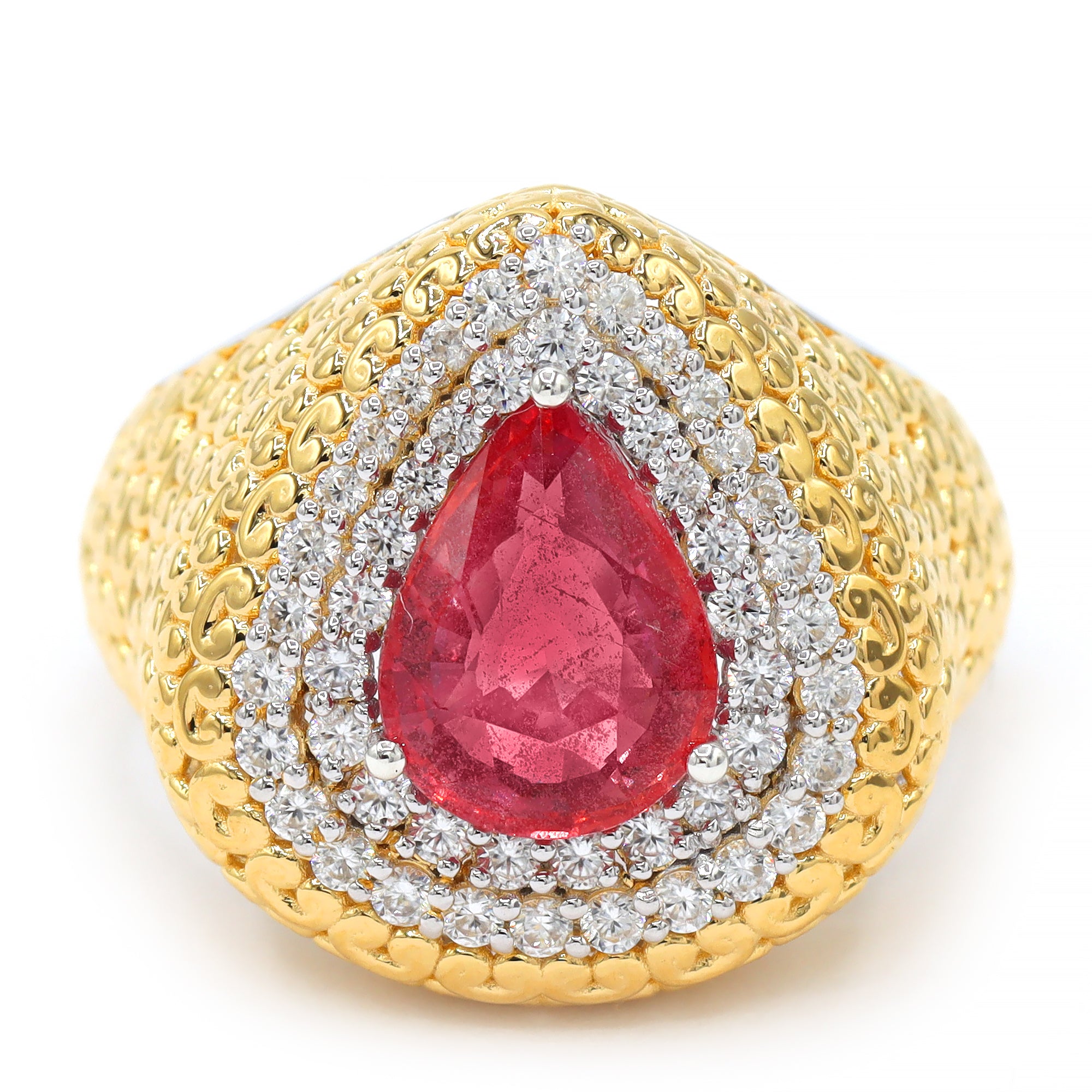 Bague halo Couture Gems en saphir padparadscha 3,45 carats et zircon blanc en argent palladium 18 carats, pièce unique
