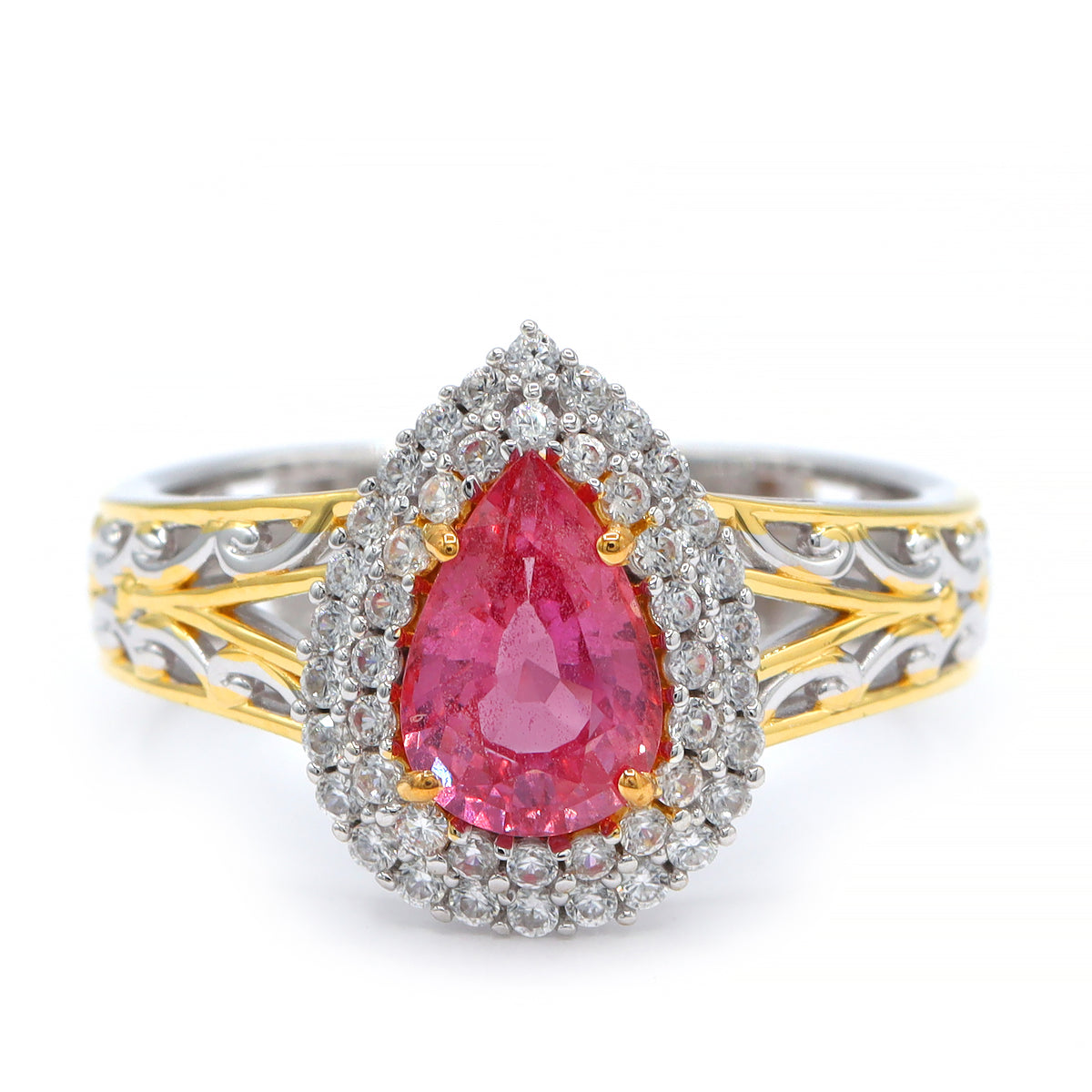 Couture Gems One-of-a-Kind 24K Palladium Silver 2.21ctw Padparadscha Sapphire & White Zircon Double Halo Ring