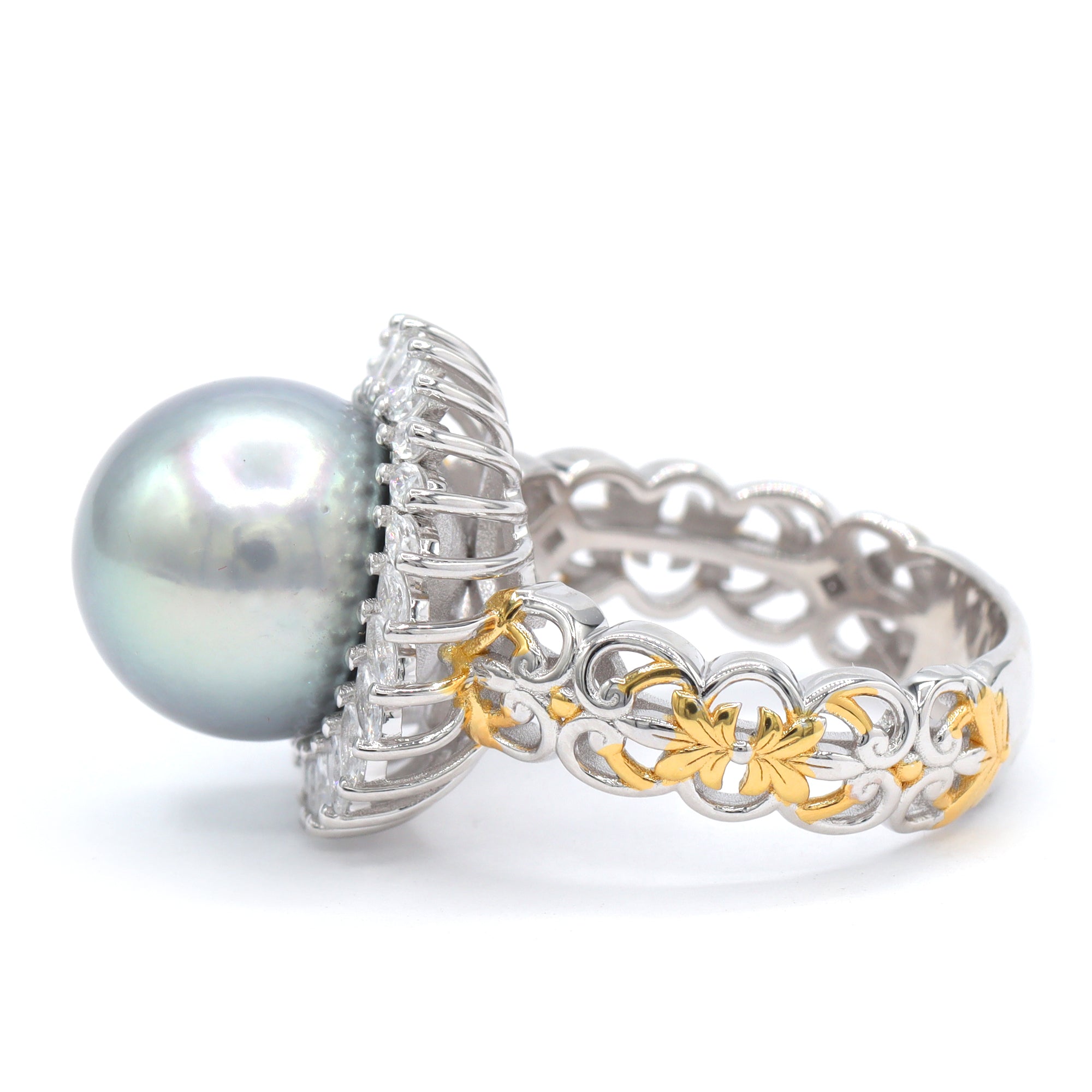 Couture Gems One-of-a-Kind 24K Palladium Silver Silver Tahitian Pearl & White Zircon Ring