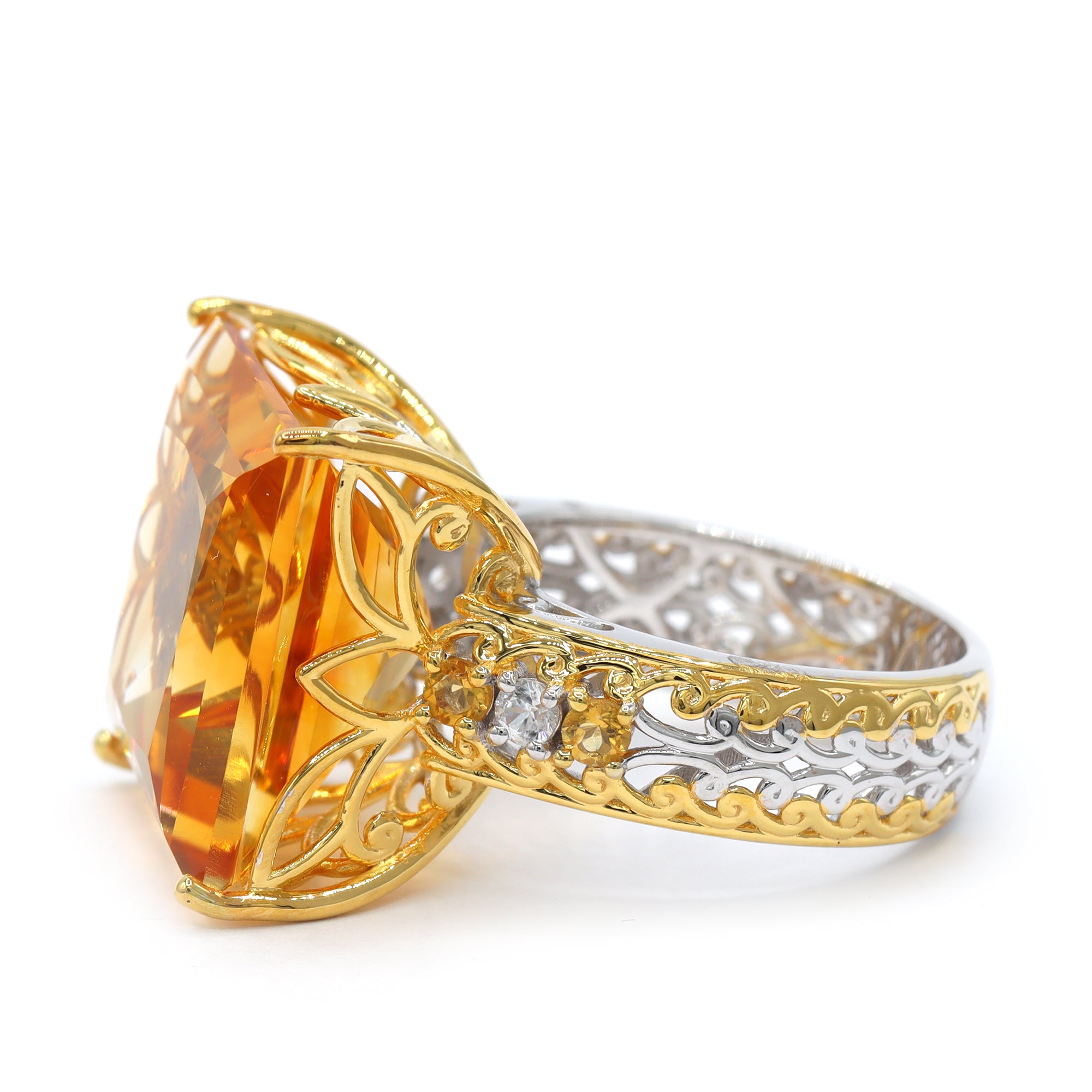 Bague Couture Gems unique en argent palladié 24 carats, citrine de feu 13,42 carats et zircon blanc