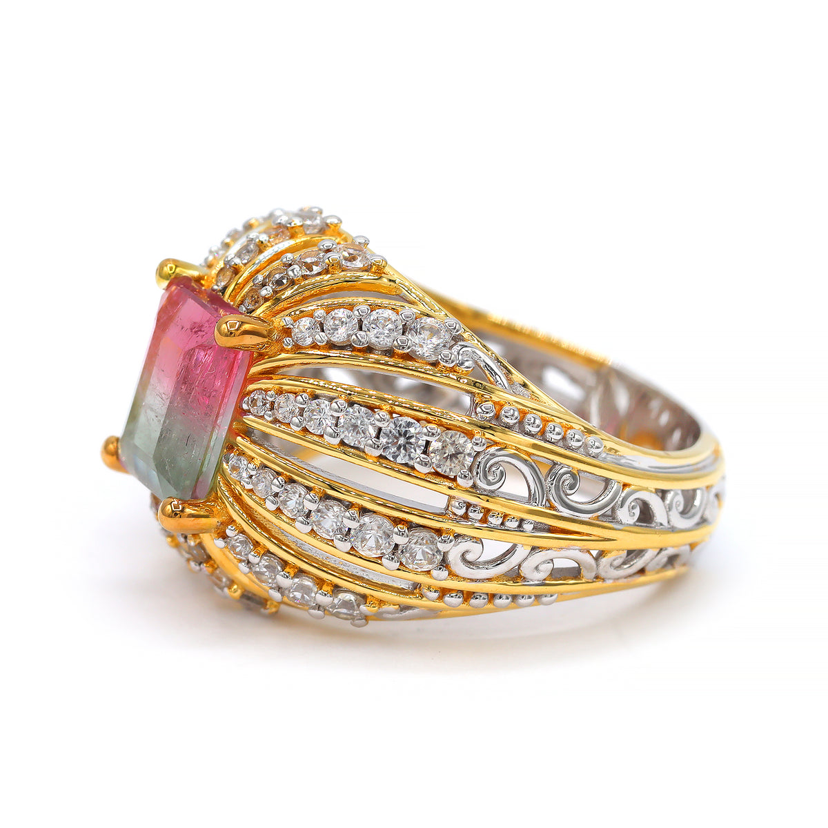 Couture Gems One-of-a-Kind 24K Palladium Silver 4.14ctw Bi-Color Tourmaline & White Zircon Ring
