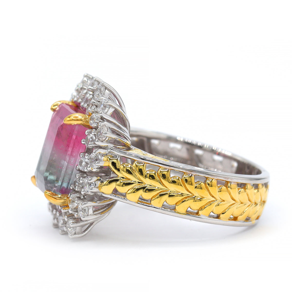 Couture Gems One-of-a-Kind 24K Palladium Silver 6.54ctw Bi-Color Tourmaline & White Zircon Halo Ring