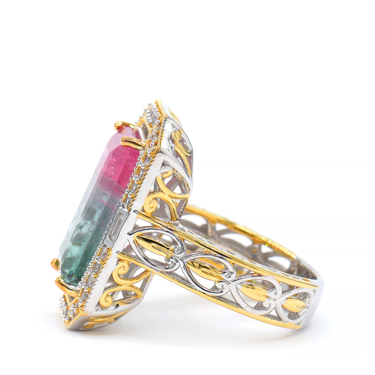 Couture Gems One-of-a-Kind 24K Palladium Silver 10.34ctw Bi-Color Tourmaline & White Zircon Ring