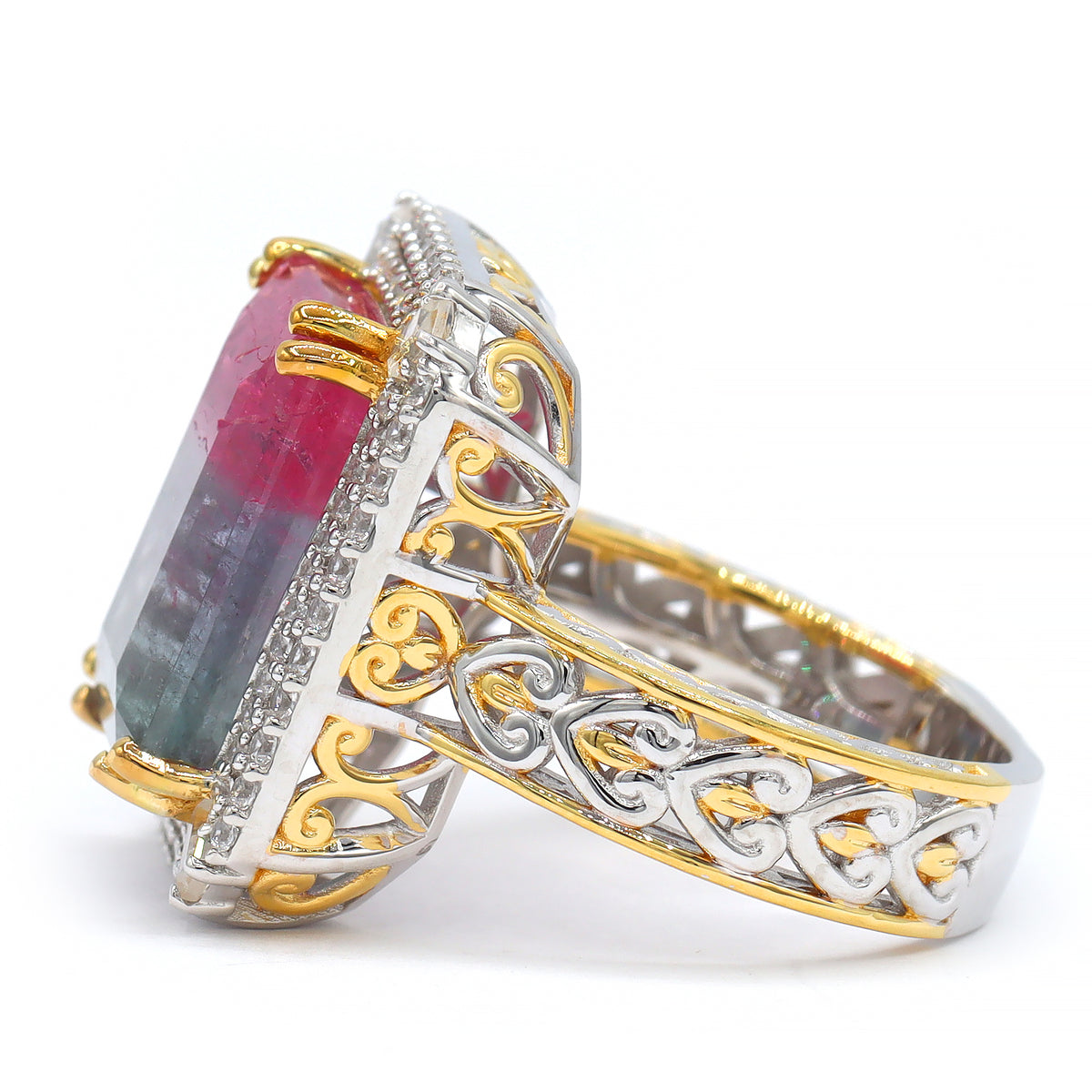 Couture Gems One-of-a-Kind 24K Palladium Silver 11.69ctw Bi-Color Tourmaline & White Zircon Double Halo Ring